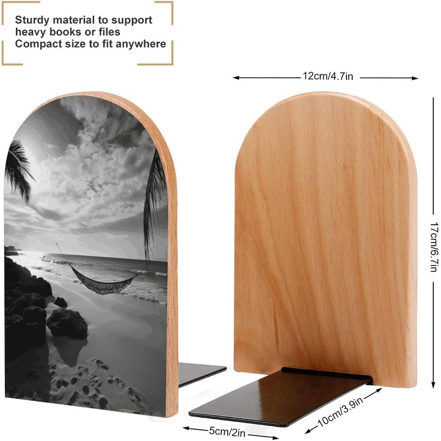 Black and White Beach Bookend for Shelves Wooden Book End Large Size Sturdy Book Holders Stoppers with Metal Base for Bookshelves Slick Decorative Bookends Stands