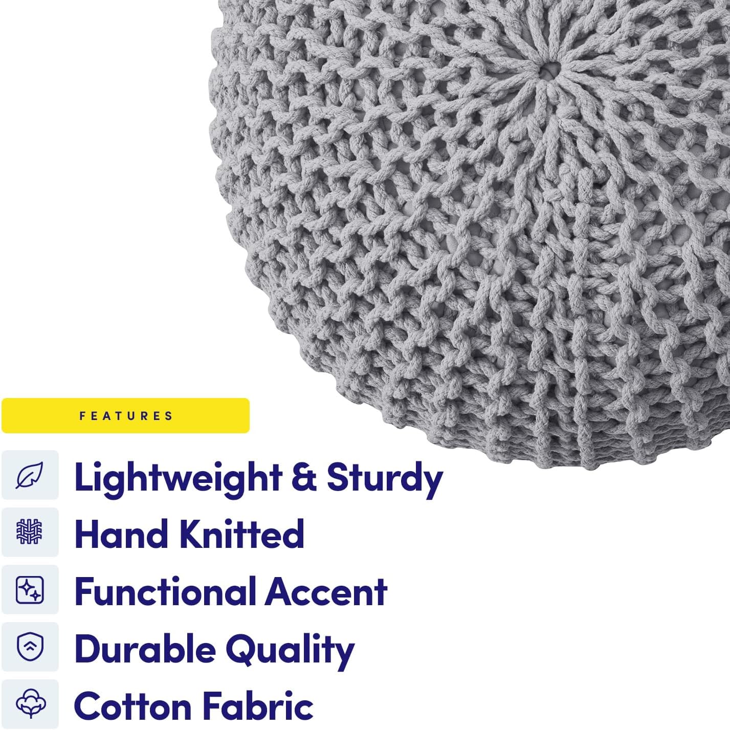 Pouf Ottoman Foot Rest Stuffed – 20” Diameter x 14” Tall Cozy Floor Pouf for Living Room, Bedroom, Nursery & More – 100% Cotton Knit Shell, EPS Bead Filled Footrest & Accent Chair, Gray