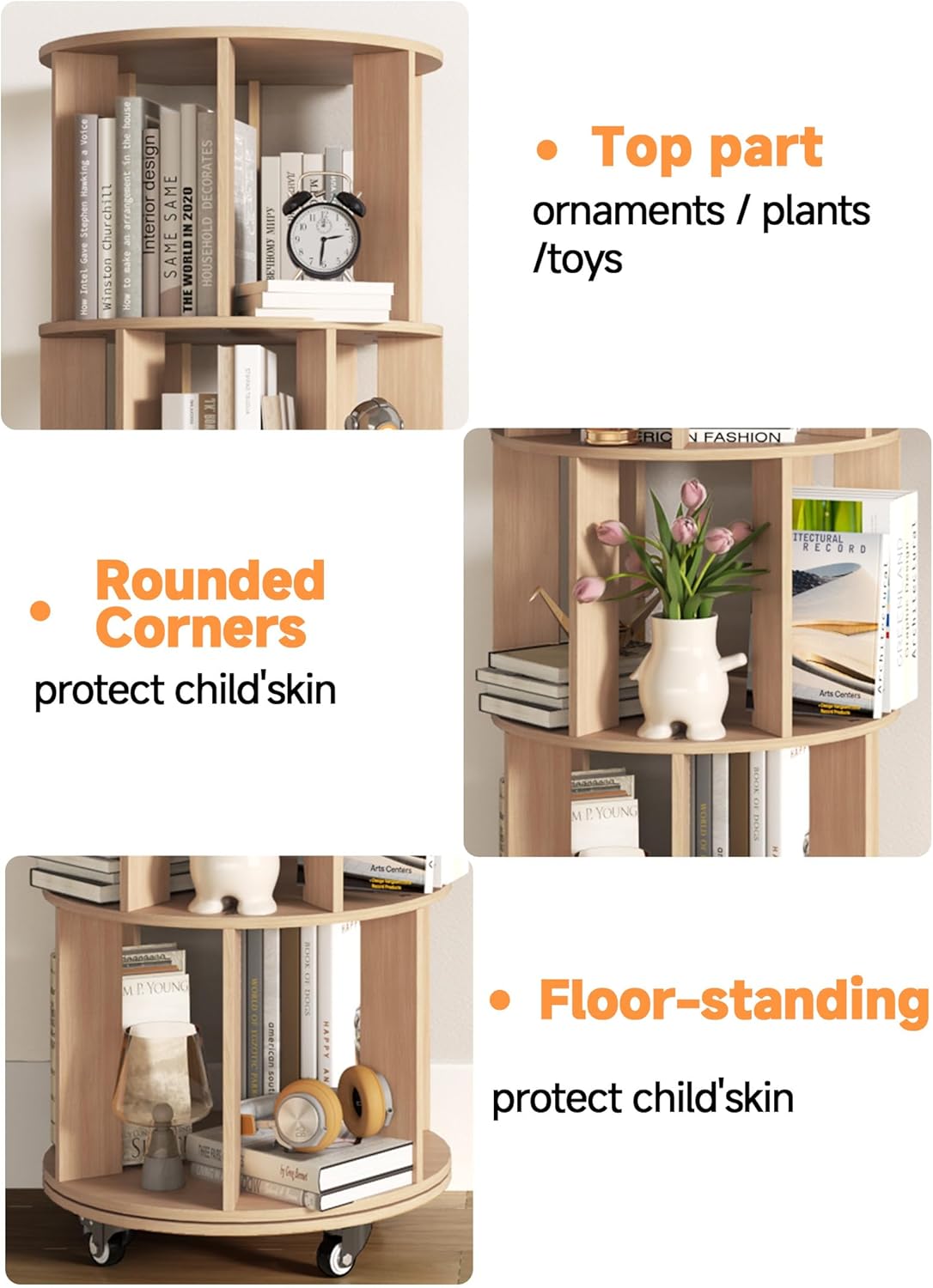 Baoz 5-Tier Rotating Bookshelf Tower, 360° Display Stackable Spinning Bookshelf with Wheels, Floor Standing Corner Revolving Bookcase, Rotating Book Shelf for Kids Rooms, Living Room, Bedroom - Wood