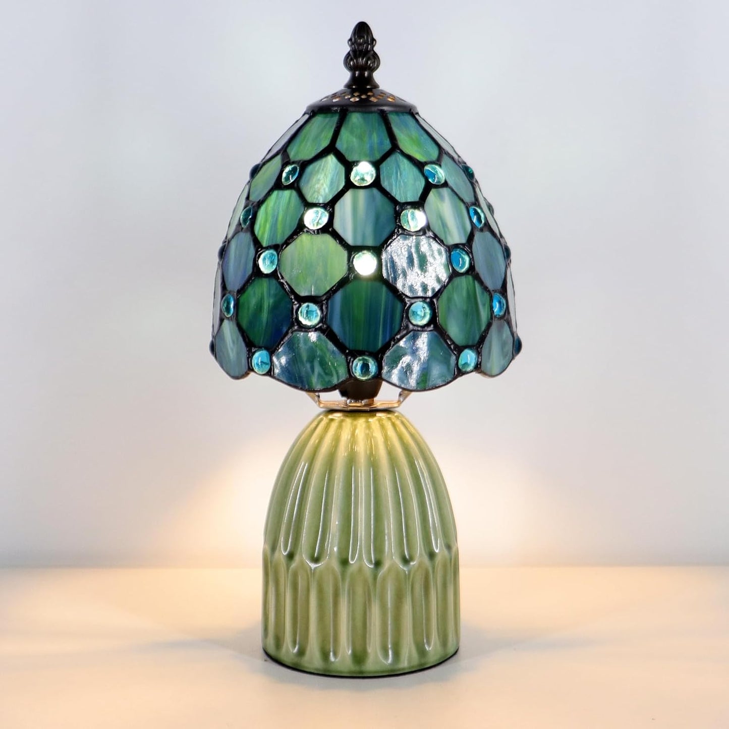Tiffany Lamp Stained Glass Mushroom Table Lamps 6X6X12.5 Inch Sea Blue Pearl Style Small Night Light Ceramic Base Mini Accent Desk Light Suitable for Bedside Table Bedroom Children Room