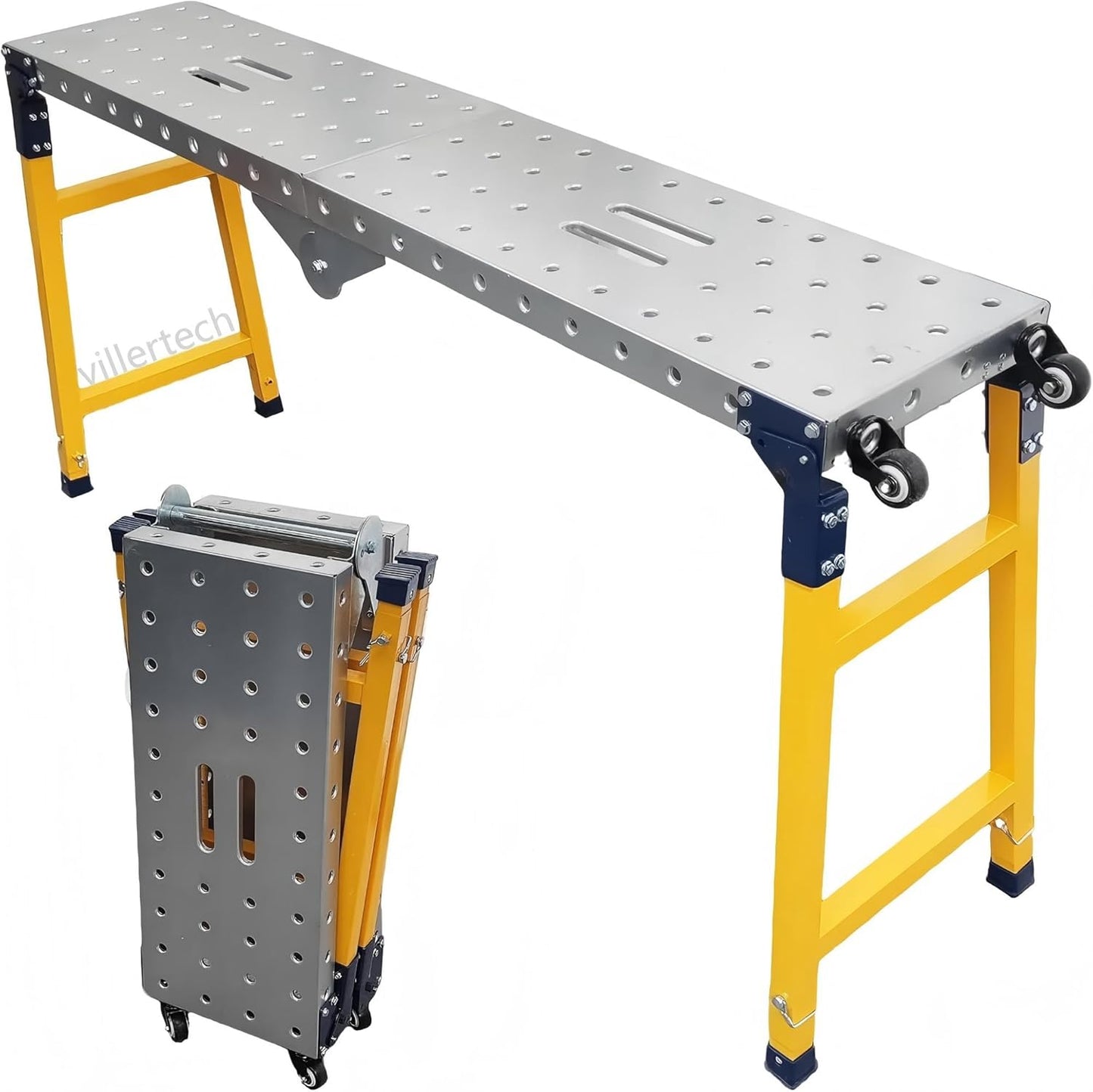 Folding Scaffolding Platform 1100 Lbs Height Adjustable Anti Slip Steel Step Ladder Stool with Galvanized Coating Anti-Slip Feet for Construction Car Washing Roof Snow Removal（47" Wide）