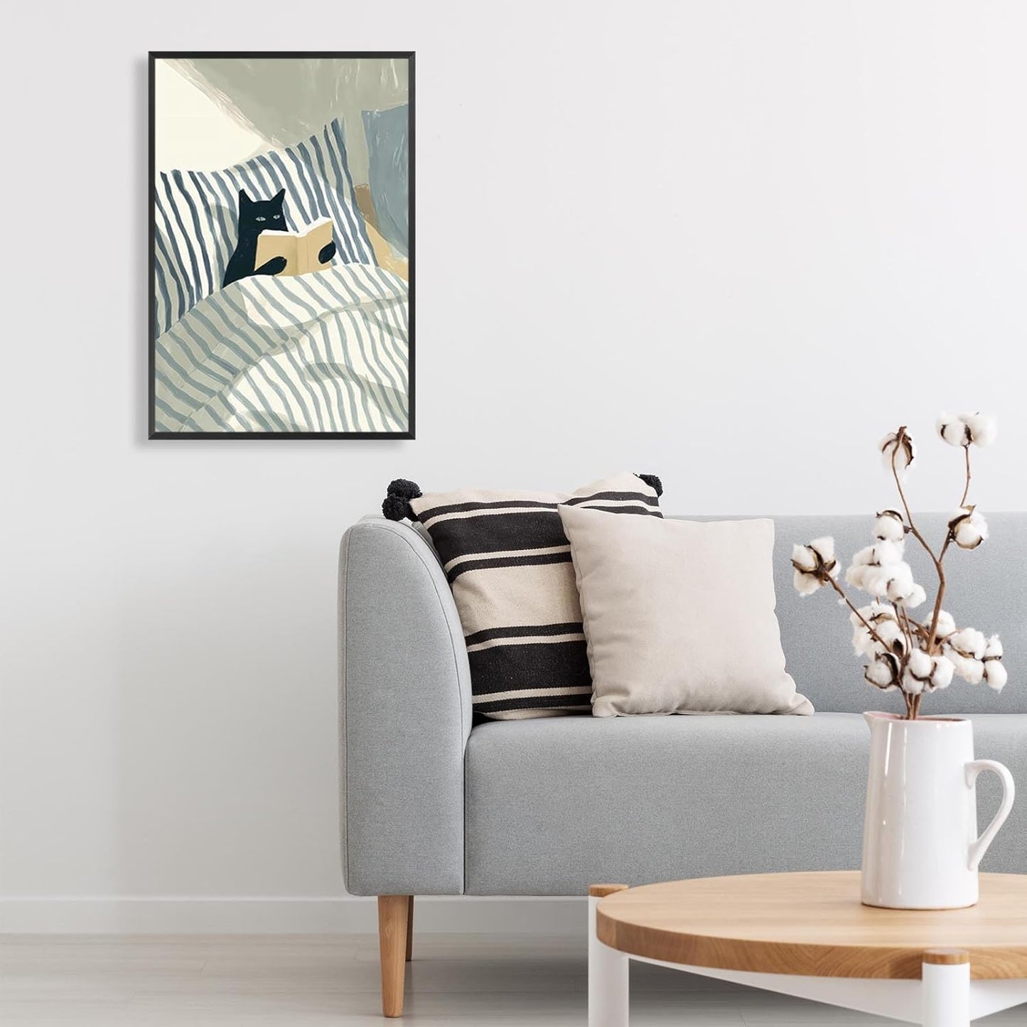 Vintage Black Cat Reading Cat Canvas Wall Art Funny Blue And White Striped Cat In Bed Posters Whimsical Animal Aesthetic Prints Painting For Home Bedroom Dorm Wall Decor 12x16in Unframed