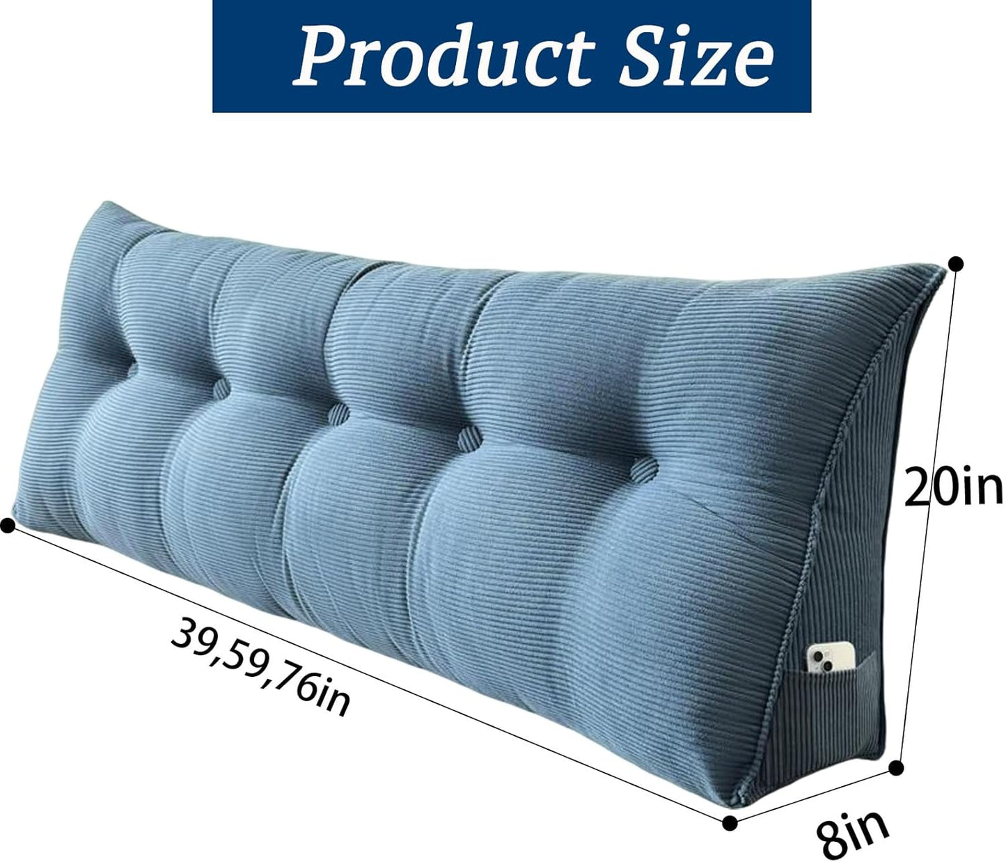 Djft Wedge Headboard Pillow for Bed Sitting & Reading, Bed Backrest Reading Cushion with Removable Cover, Large Sitting Support Pillow with Side Pockets (Blue, King 76in)