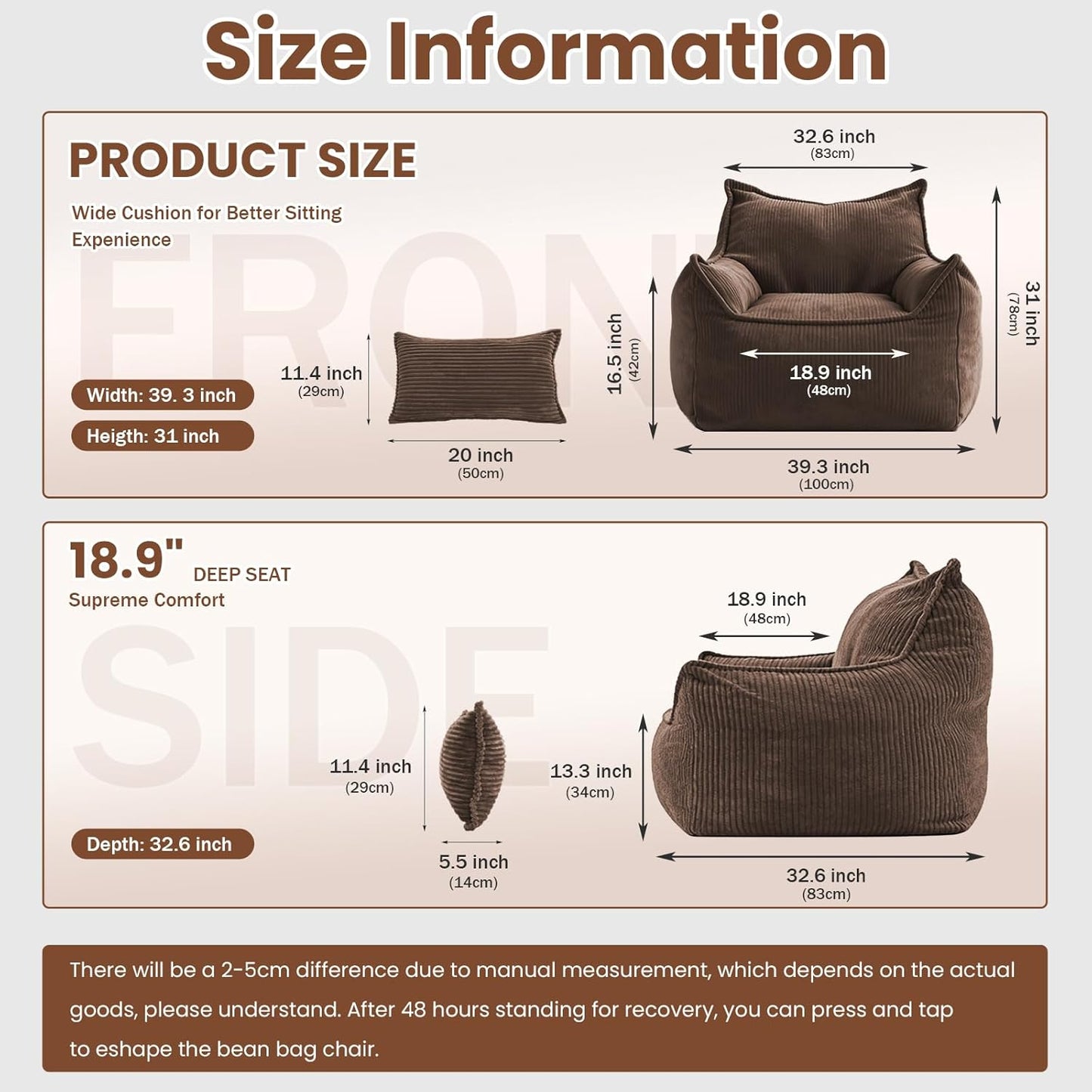 Oversized Bean Bag Chairs with Memory Crushed Sponge Filler for Adults Teens, Comfy Corduroy Large Bean Bag Couch Armchair for Reading Bedroom Living Room, Giant Reading BeanBag Chair, Brown