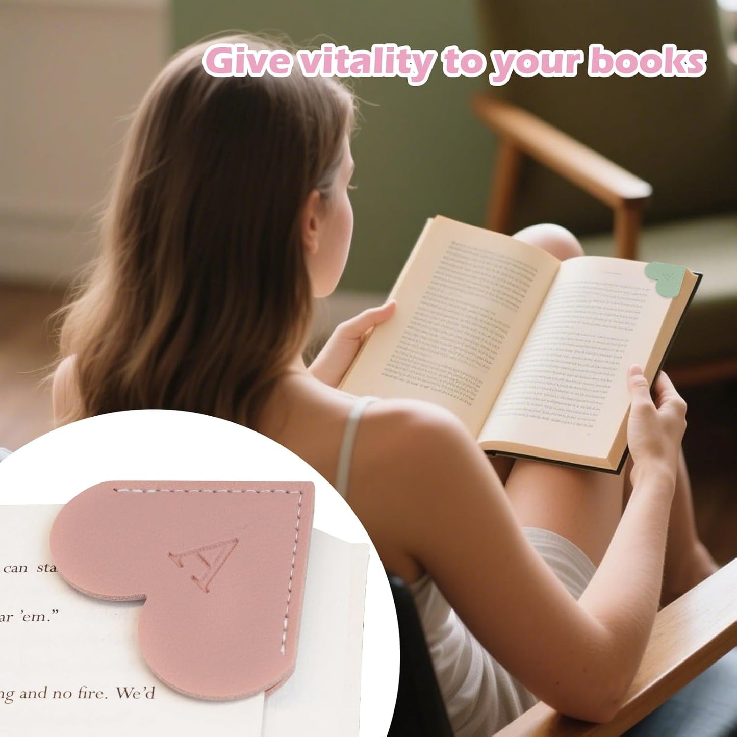 2Pcs Personalized Leather Heart Bookmark with Initial, 26 Letters Custom Corner Page Book Mark for Reading Women, Book Lovers, Teachers, Students, Cute Book Accessories Gifts(Green+Light Brown, L)