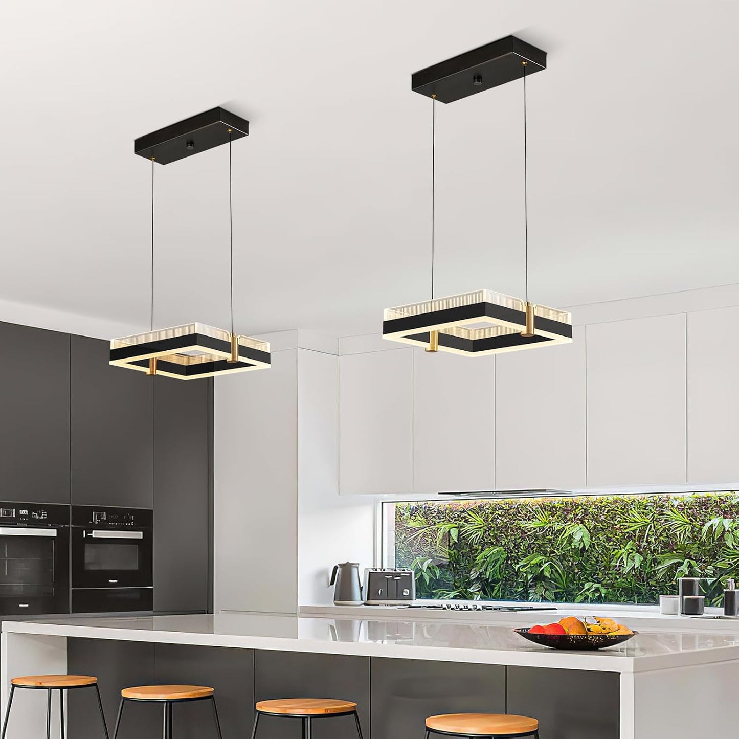 Modern LED Chandelier with Remote Control 1 Ring Dimmable 3 Color Black Gold Adjustable Pendant Light Square Chandelier Dining Light Fixture for Kitchen Bedroom Ceiling Hanging（1-Pack）
