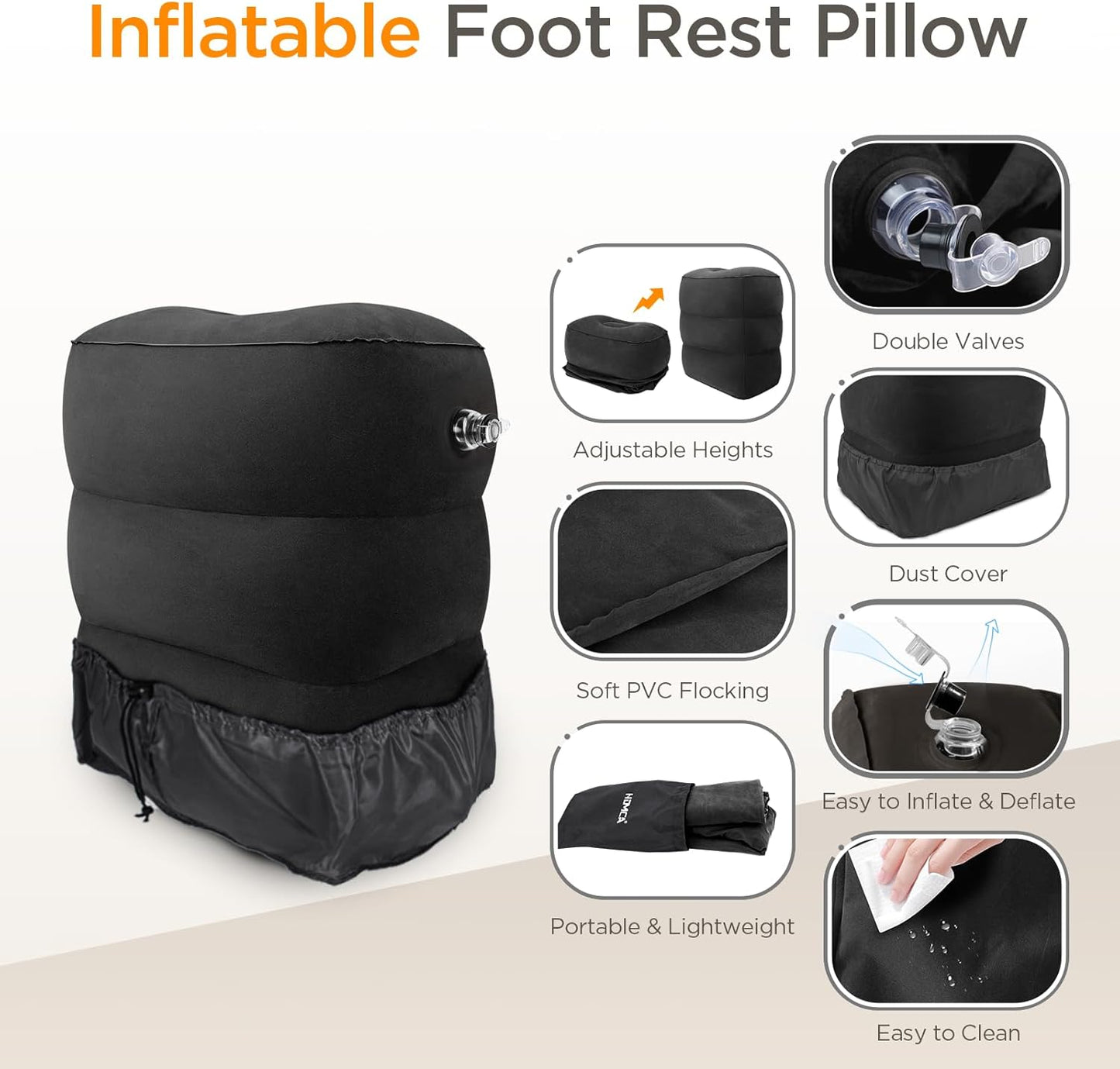 HOMCA Inflatable Travel Foot Rest Pillow (2-Pack) Adjustable Height Leg Pillow Fast Inflating Airplane Bed for Toddlers Footrest Pillow for Office, Airplane, Train, Cars, Home (Black)