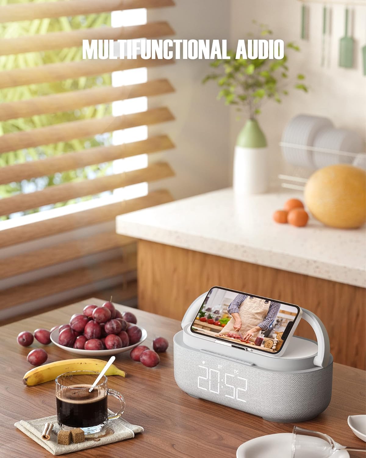 COLSUR Bluetooth Speaker Alarm Clock with Wireless Charger, FM Radio, Adjustable LED Night Light, 6 in 1 Bedroom Portable Speaker 2500mAh, Phone Stand for Bedside, Home, Office, Gift (Gray)