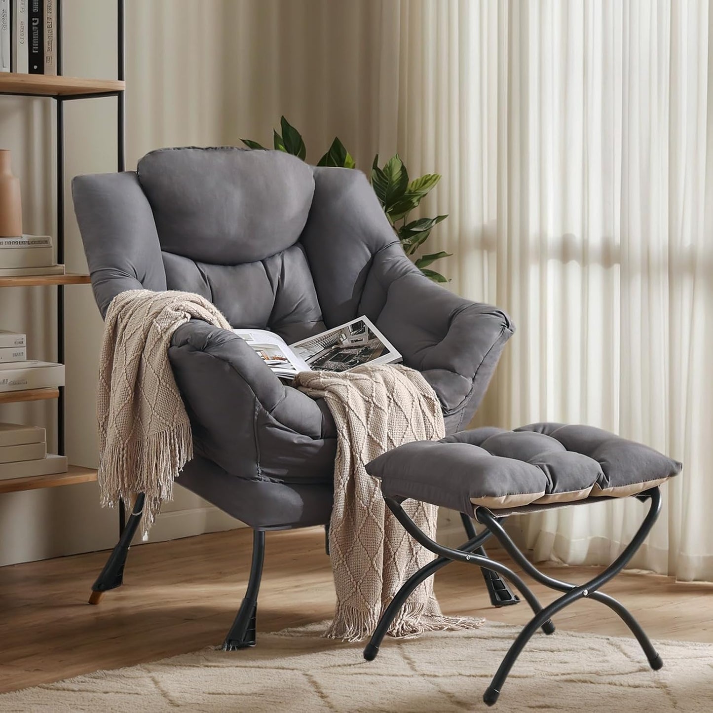 Lazy Chair with Ottoman, Large Dark Grey Accent Chair with Ottoman, Comfy Reading Armchair, Leisure Sofa Chair for Living Room, Bedroom, Dorm Room, Office