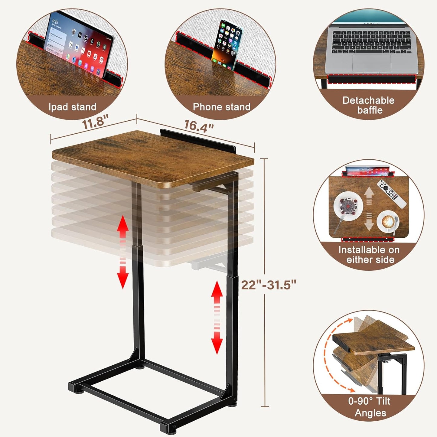 Tv Tray Table Set of 2, Living Room Table Sets 8-Level Adjustable Height Couch Side Table,90° Tilt Angle foldable End Table,Laptop Table with Phone & Tablet Slot Dinner Tray Desk for Recliner/Sofa/Bed