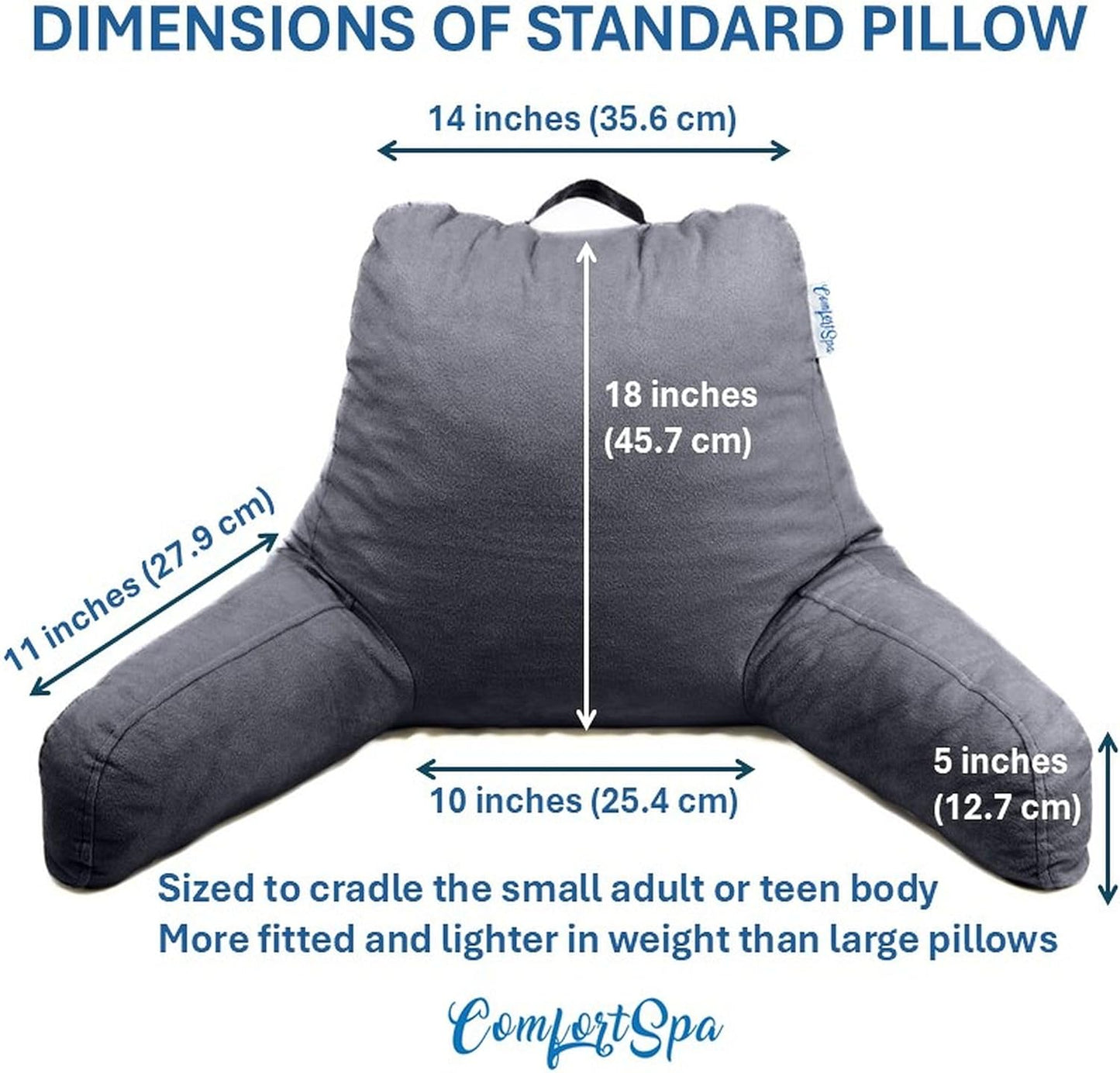 ComfortSpa Reading Pillow for Kids Teens Adult, Back Rest Pillow with Arms, Pockets, Washable Cover; Use as a Back Pillow for Bed Sitting Up for Bedrest or Relief from GERD Heartburn (Standard Grey)