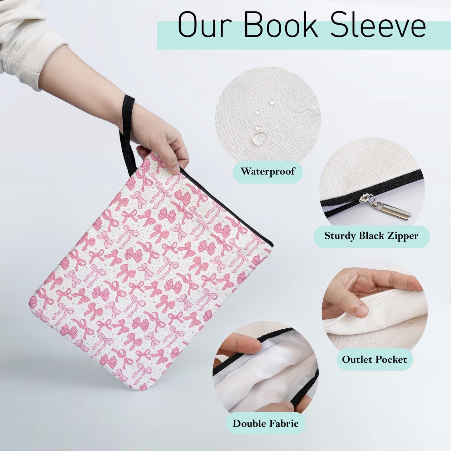 Preppy Coquette Pink Bow Books Book Sleeve Gifts for Women Librarian Book Lovers Bookish Group Club Friends Teachers, Cute Pink Book Cover with Zipper Front Pocket Handle for paperbacks 9 x 12 Inch
