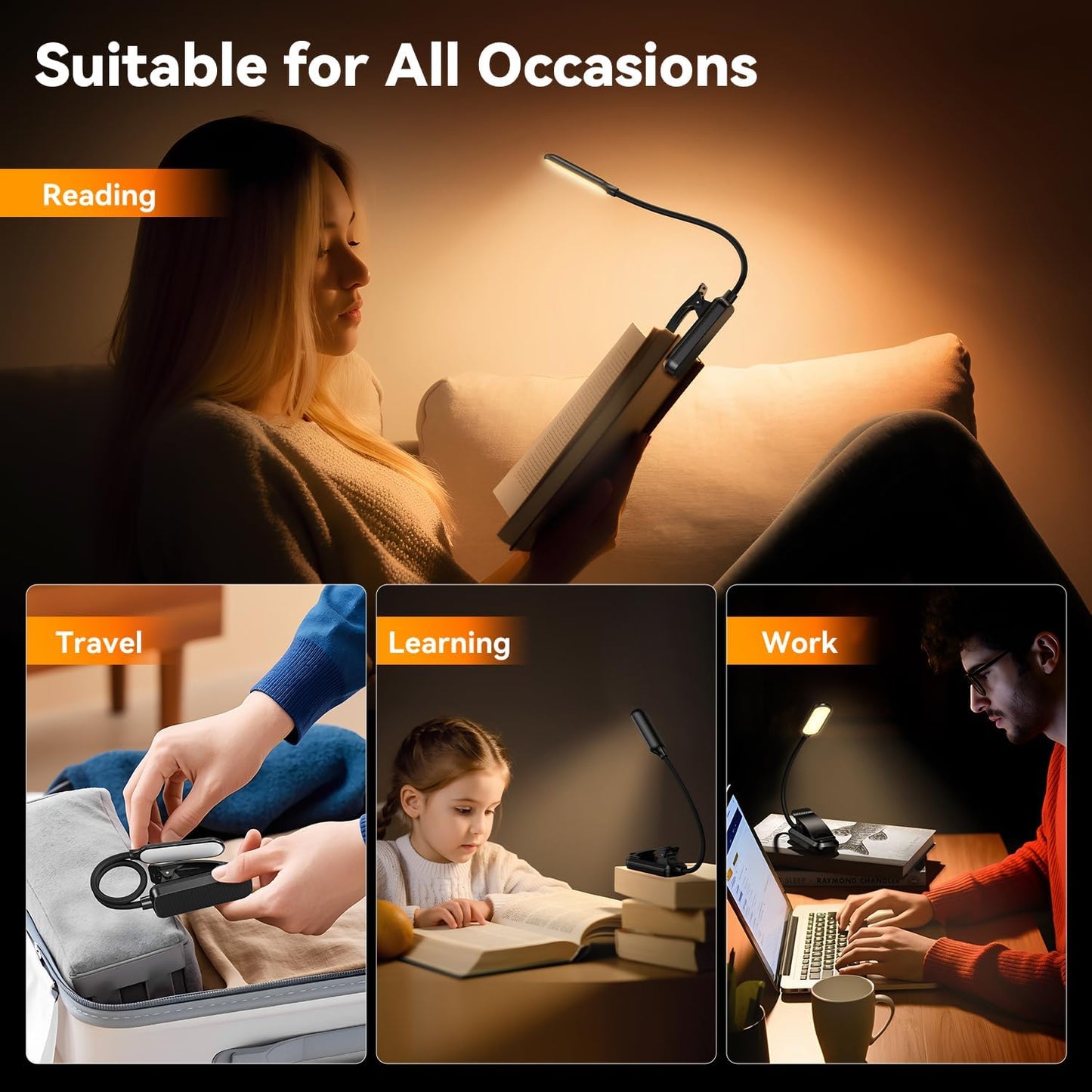 Rechargeable 20 LED Book Light for Reading in Bed, Eye Caring 3 Color Temperatures, Adjustable Brightness, Durable & Lightweight ABS Design, Clip On Reading Lamp for Study/Travel,Gifts for Adults