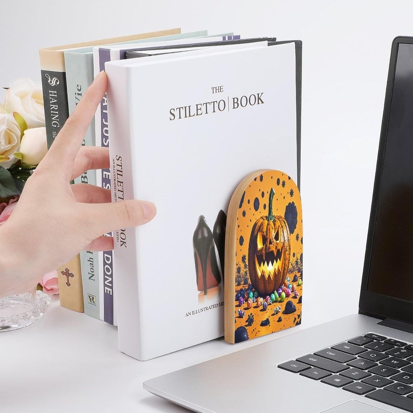 Halloween Pumpkin Monster Bookends 1 Pair Heavy Duty Book Ends for Shelves Non-Skid Bookend Supports Wooden Book Holders with Metal Base Desk Organizers Books Storage to Hold Books