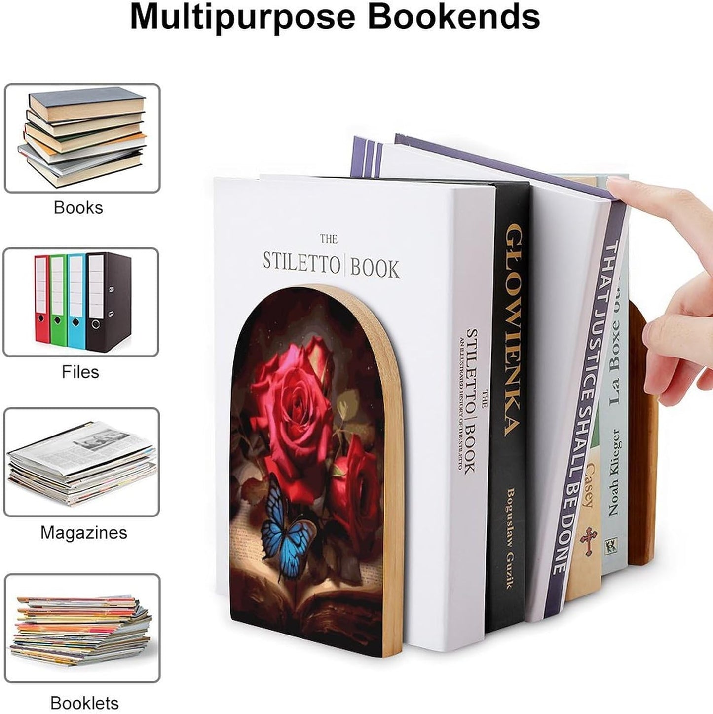 Beautiful Flower Butterfly Roses Bookend for Shelves Wooden Book End Large Size Sturdy Book Holders Stoppers with Metal Base for Bookshelves Slick Decorative Bookends Stands