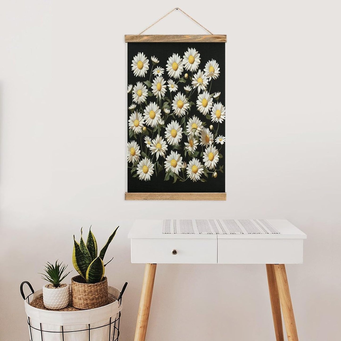 Vintage Daisy Poster with Wooden Frame Personalized Linen Hanging Scroll Painting Rustic Wall Hanging Illustrative Modern Artwork Decor for Home Living Room Bedroom Office