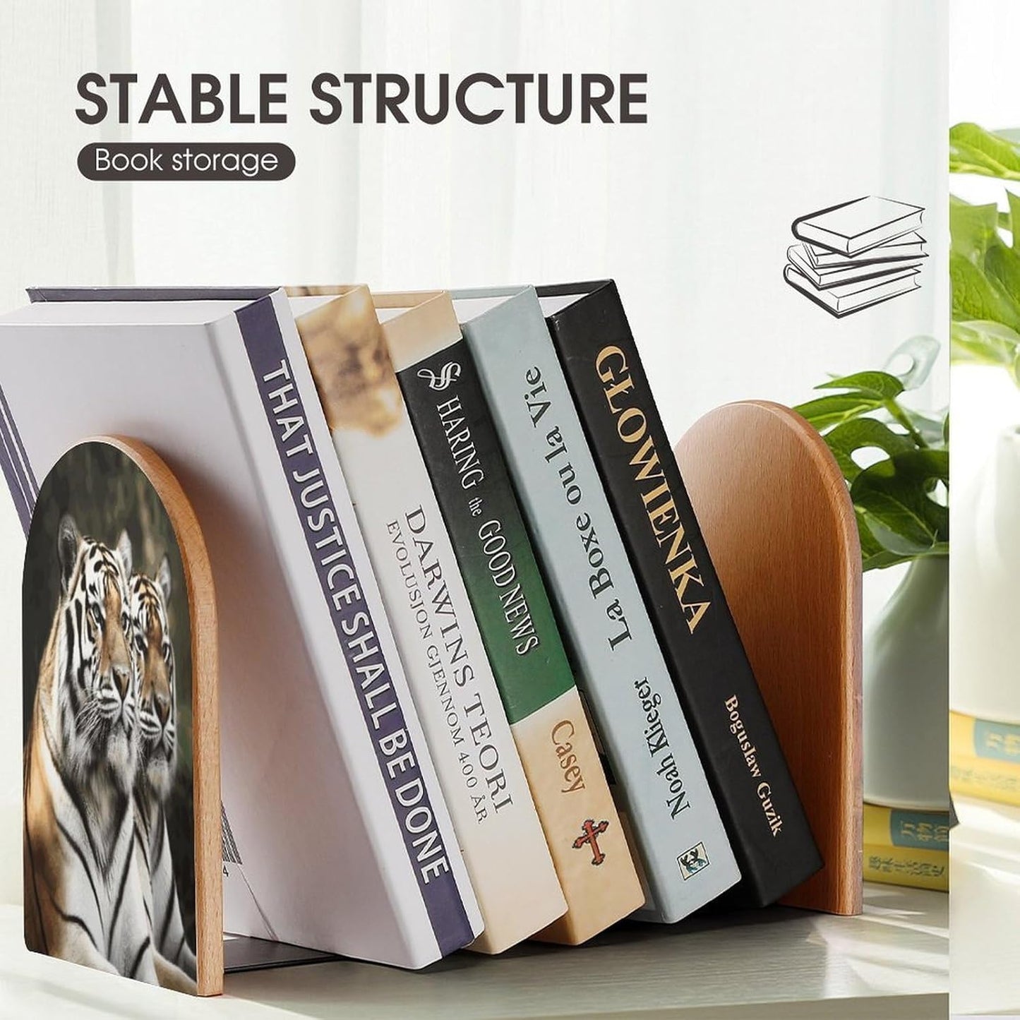Majestic Tiger Bookend for Shelves Wooden Book End Large Size Sturdy Book Holders Stoppers with Metal Base for Bookshelves Slick Decorative Bookends Stands