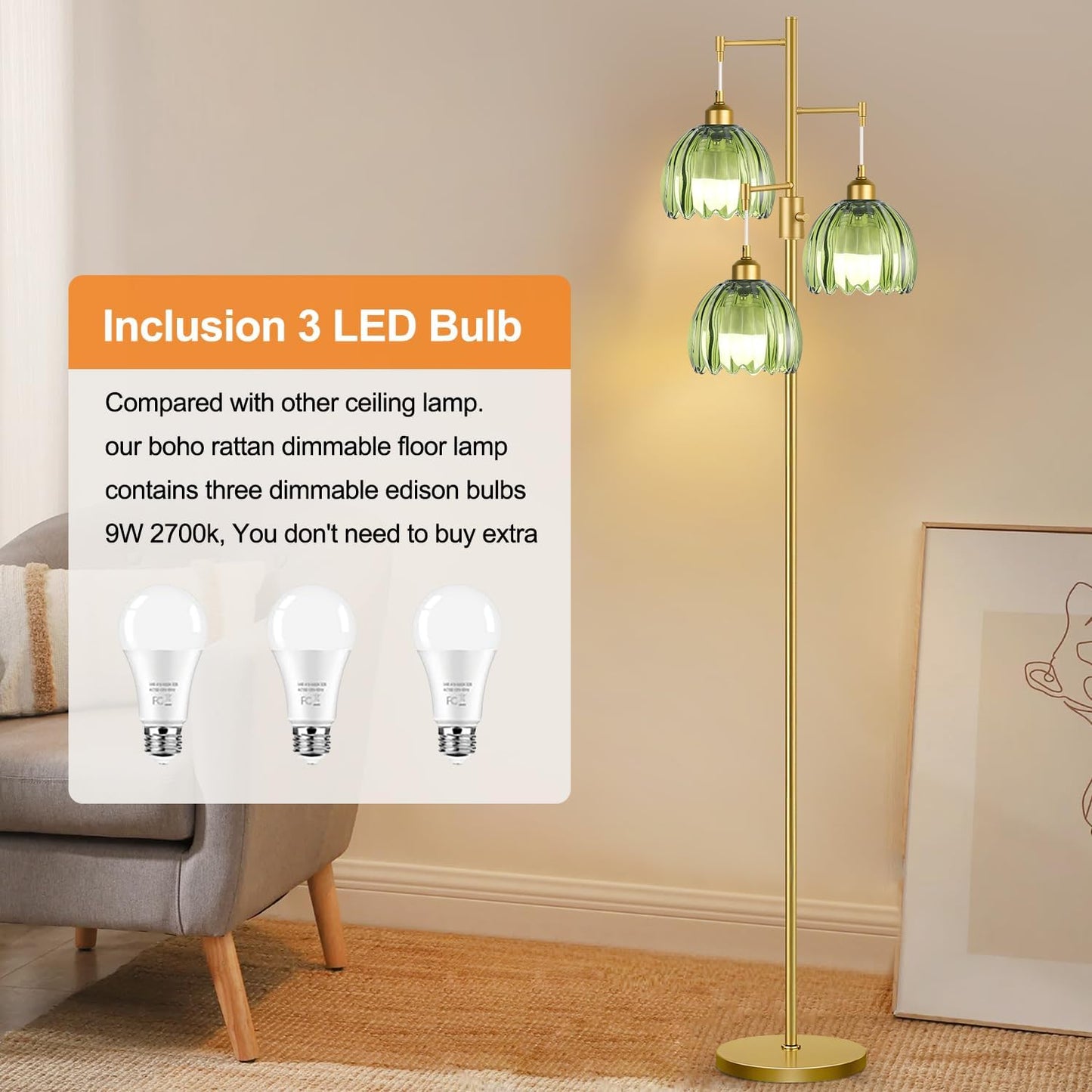 Dimmable Floor Lamps for Living Room-3 Light Gold Floor Lamp with Three Bulbs & Glass Lampshape, Mid Century Modern Standing Lamp Tree Tall Flower Floor Lamp for Bedroom Living Room,Corner