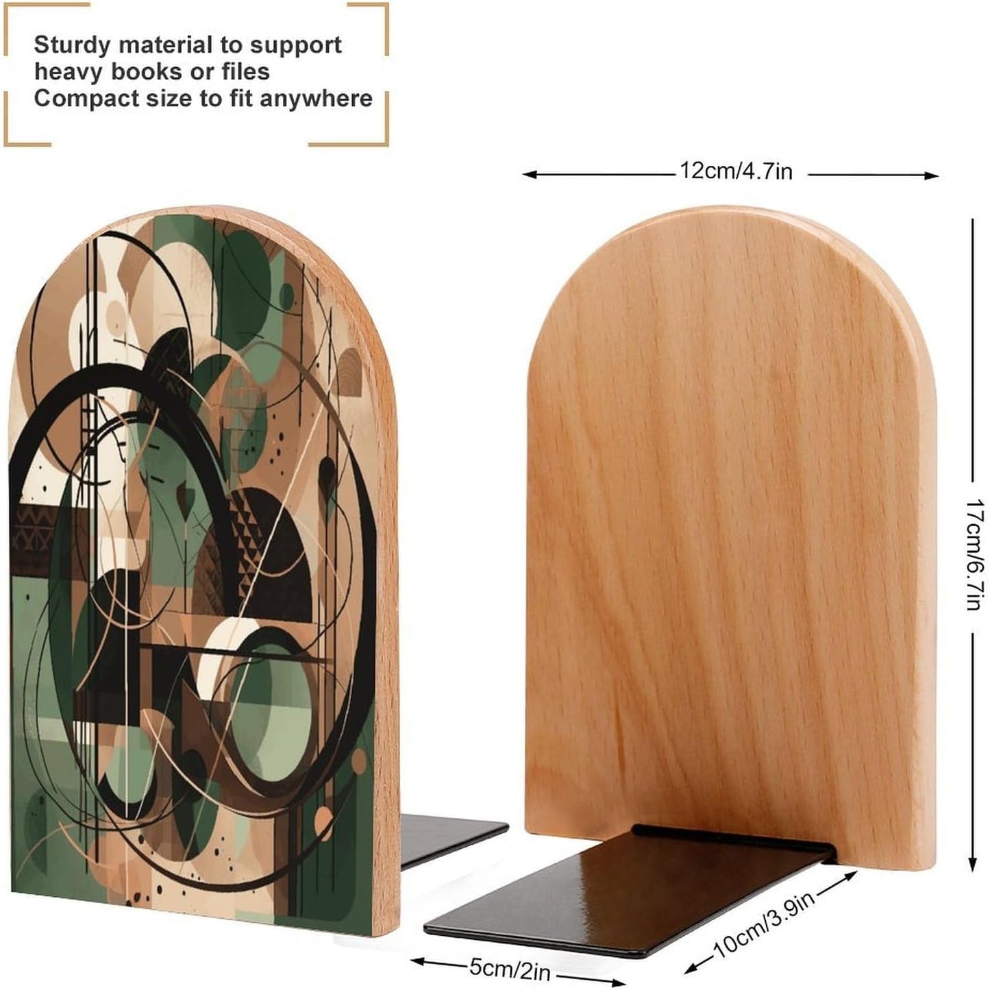 Green Circle Pattern Bookend for Shelves Wooden Book End Large Size Sturdy Book Holders Stoppers with Metal Base for Bookshelves Slick Decorative Bookends Stands