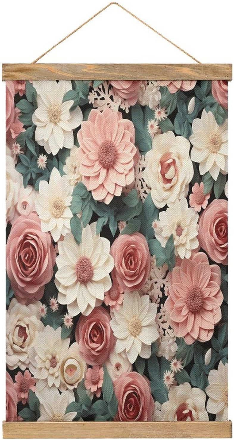 Vintage Flowers with Pink And Green Leaves Poster with Wooden Frame Personalized Linen Hanging Scroll Painting Rustic Wall Hanging Illustrative Modern Artwork Decor for Home Living Room Bedroom Office