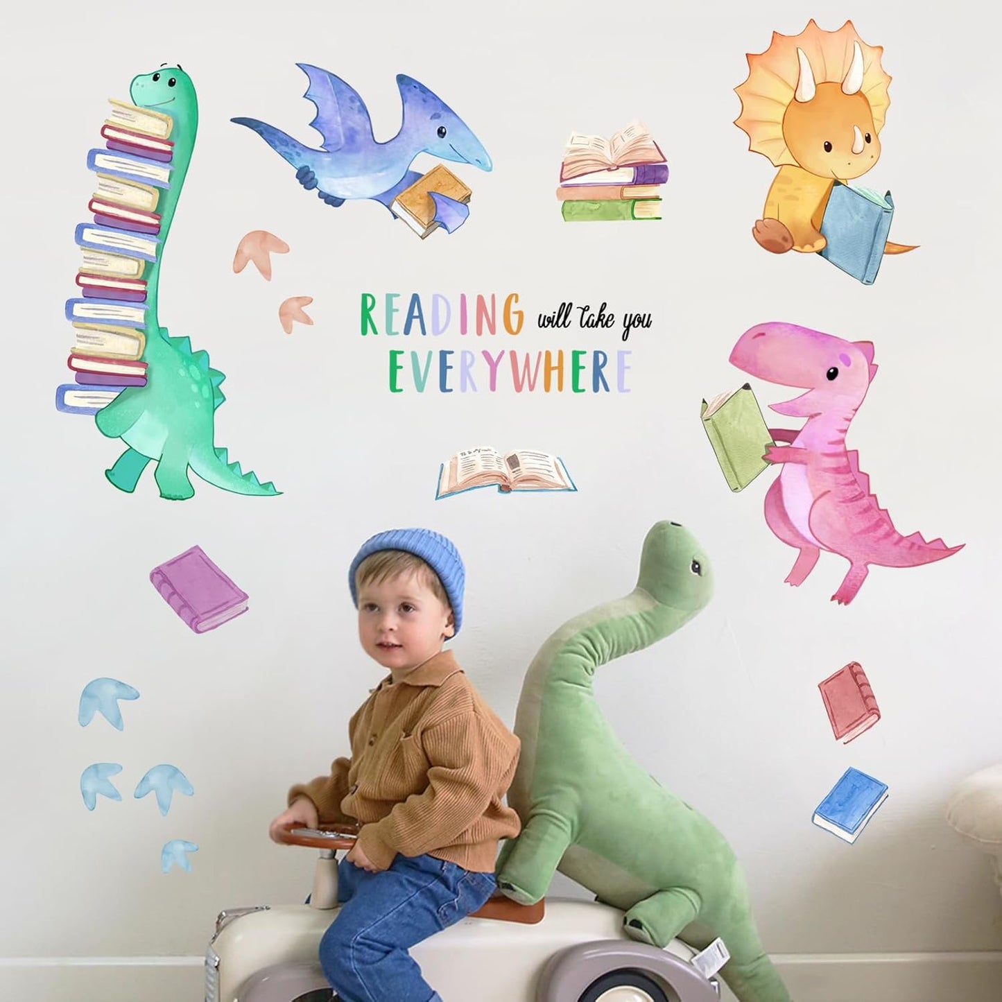 Yovkky Dinosaur Book Reading Corner Inspirational Wall Decals Stickers, Reading Will Take You Everywhere Toddler Nursery Classroom Decor, Positive Quote Home Decorations Kids Bedroom Study Room Art