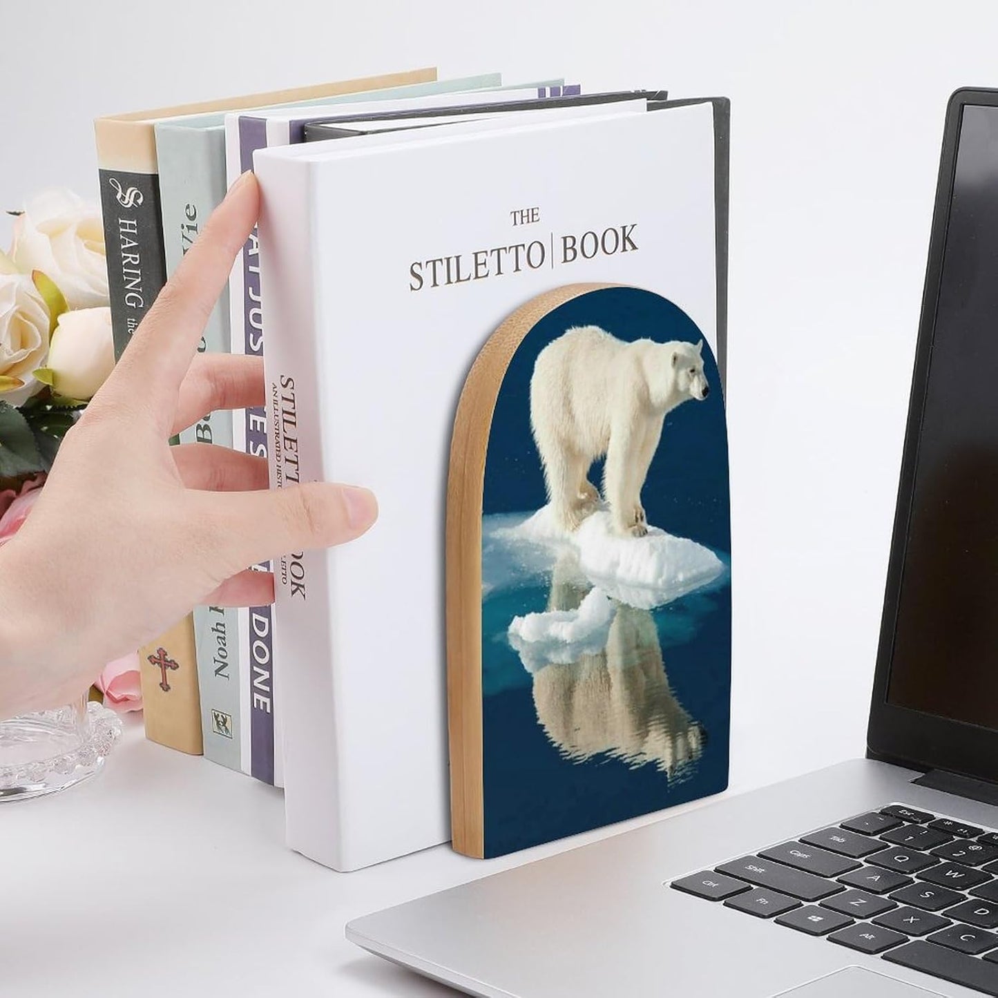 Polar Bear Wooden Bookend Non-Slip Book Ends Heavy Duty Book Stopper with Metal Base Books Holderd Decorative Bookends Stands Firmly for Office Supplies