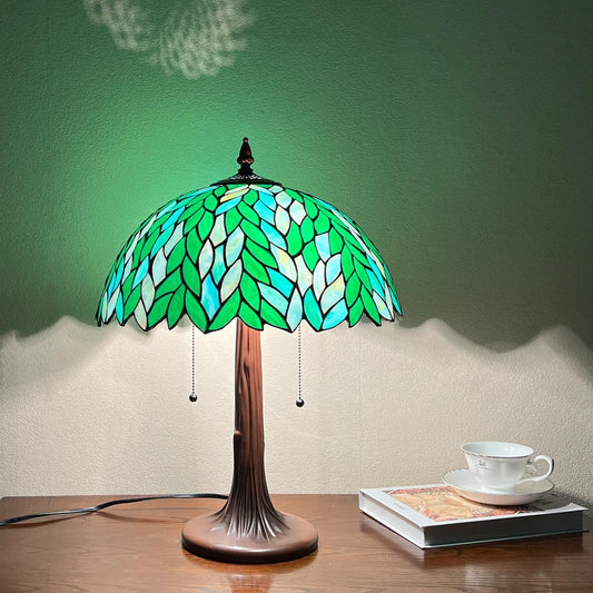Tiffany Style Table lamp, Green Wisteria Stained Glass Desk Light - Antique 16” Large Nightstand Bedside Reading Light for Living Room Bedroom Office