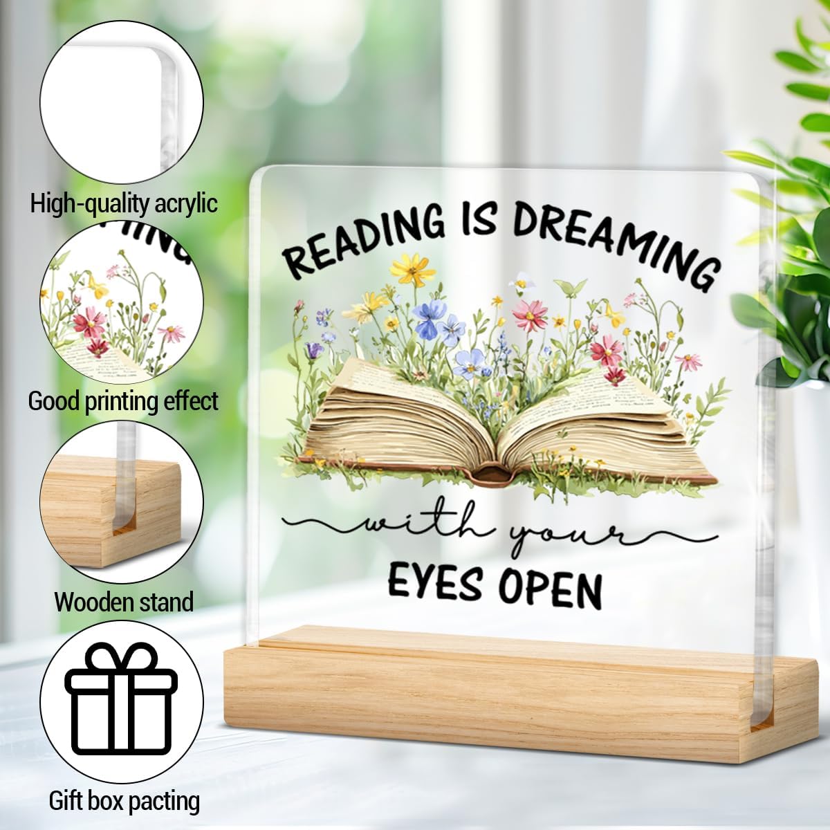 Book Lovers Gifts for Women Her, Motivational Gifts for Bookworms Reader Lovers, Reading Is Dreaming with Your Eyes Open Clear Acrylic Desk Decorative Sign Reading Room Library Desk Decor