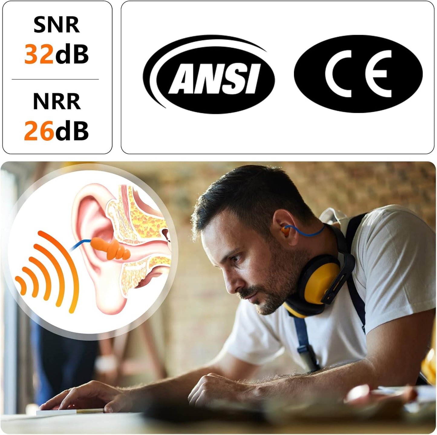 Dison 100Pairs Silicone Ear Plugs, 32dB Corded Reusable Earplugs for Hearing Protection, Noise Reduction for Shooting Range, Work, Travel