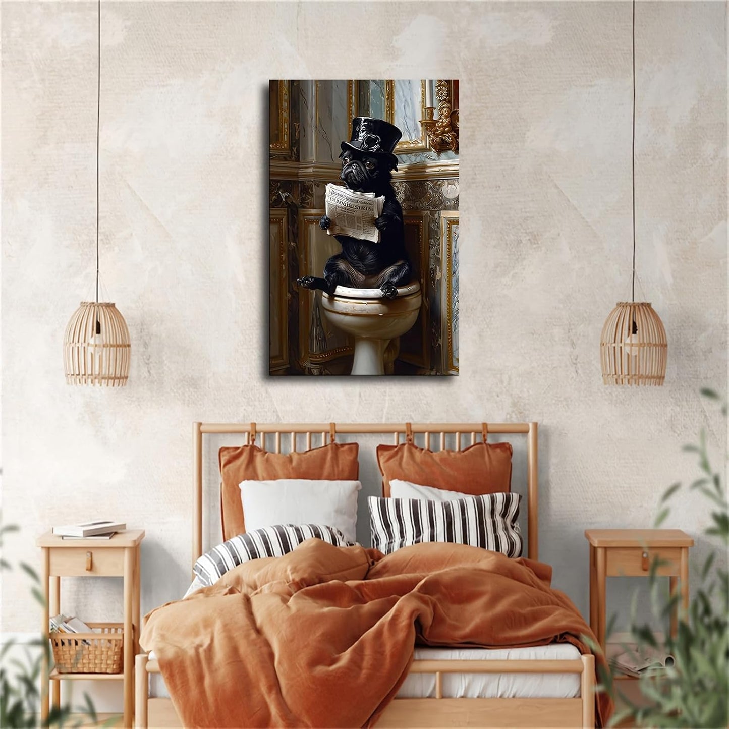 Pug Dog Victorian Gentleman Reading Newspaper on Toilet Whimsical Fine Art Print Poster Giclee Vintage Painting Wall Art (08x12inch Framed)