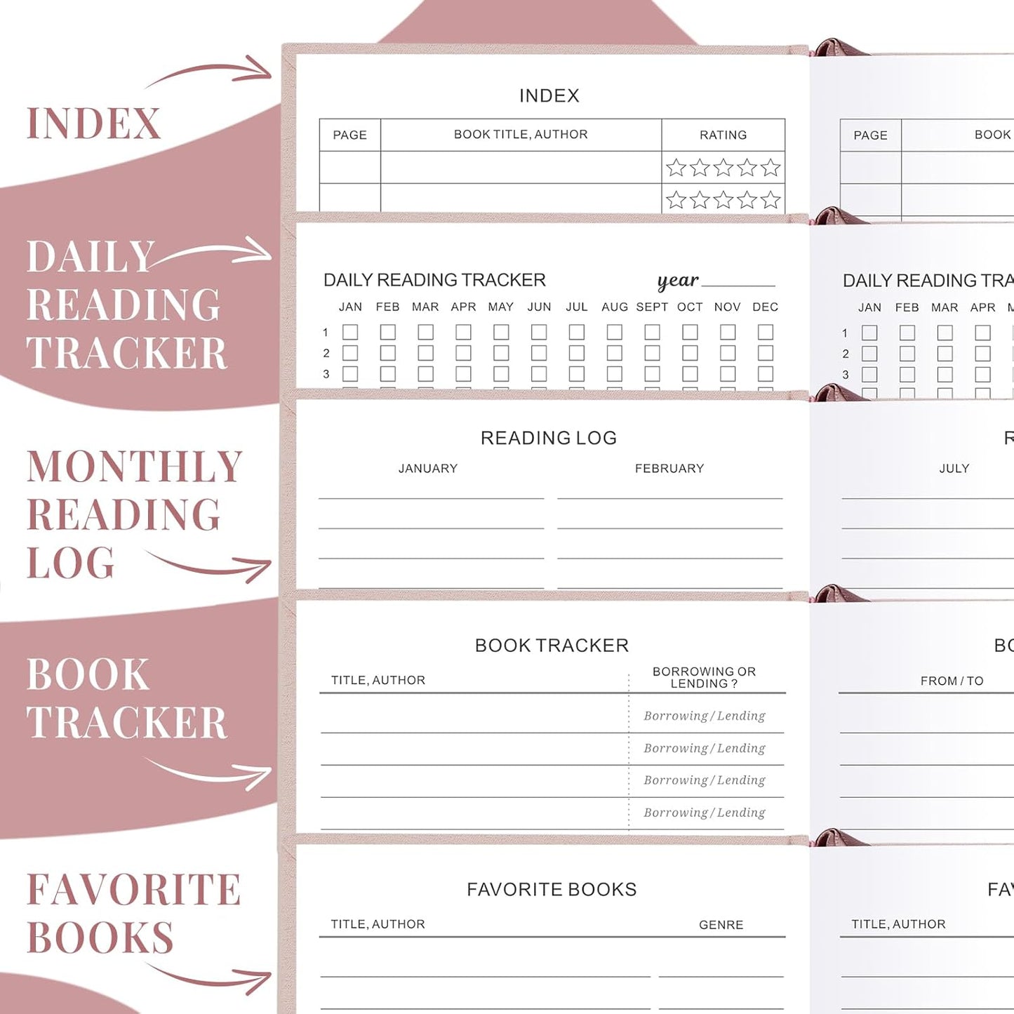Reading Journal A5- Book Log for 75 Reviews & Progress Tracking - Gift for Book Lovers -Rose Gold