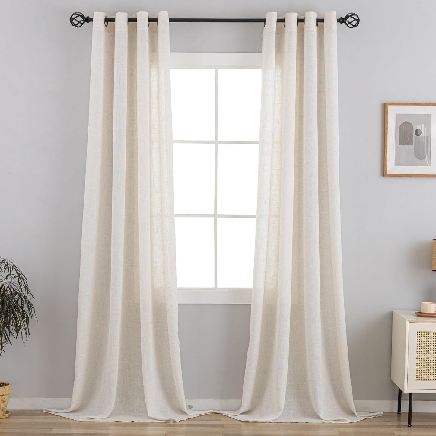 VOILYBIRD Palma Natural Linen Textured Semi Sheer Curtains for Living Room 96 Inches Long Draperies Curtains Bronze Grommet (52''W x 96''L, 2 Panels, Linen)
