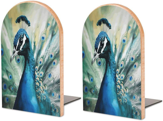 Cute Peacock Bookend for Shelves Wooden Book End Large Size Sturdy Book Holders Stoppers with Metal Base for Bookshelves Slick Decorative Bookends Stands