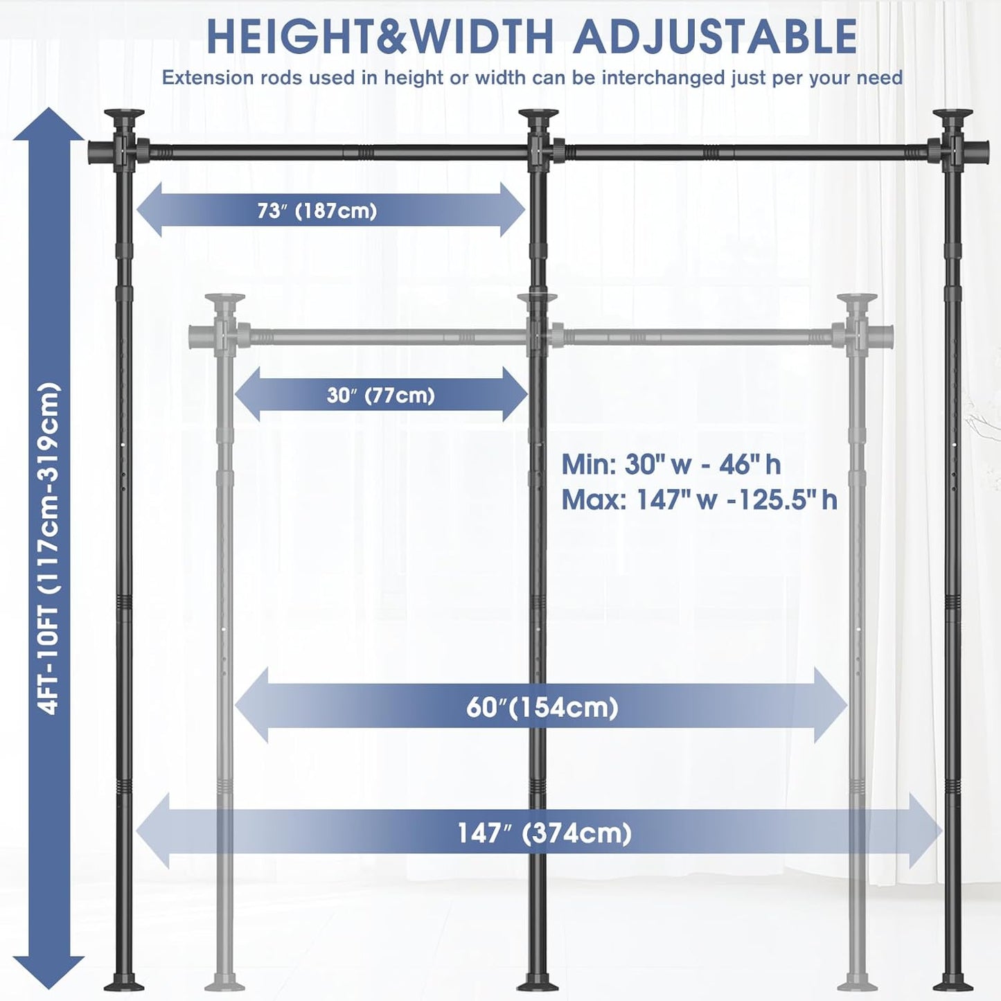 AKTOP Room Divider, No Drilling Curtain Tension Rods Wall Divider for Room Separation, 4-10ft(H) 30-147"(W) Adjustable, Heavy Duty Floor to Ceiling Space Separator Privacy Dividers for Rooms, Black
