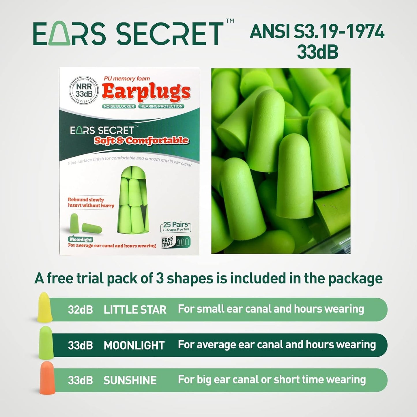 EARS SECRET Foam Ear Plugs for Sleeping, 25+3 Pairs Earplugs 38dB Comfortable Ear Plugs for Sleeping Noise Cancelling, Travel, Snoring, Concert, Loud Noise, Shooting, Studying and Work