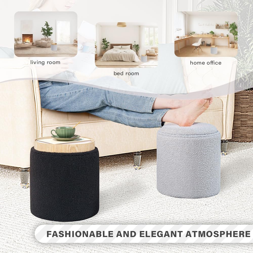 PINPLUS Round Boucle Ottoman with Tray, Storage Teddy Velvet Footstool Ottoman Cube for Living Room, Bedroom, Dorm 13.4"x13.4"x15" (Grey)