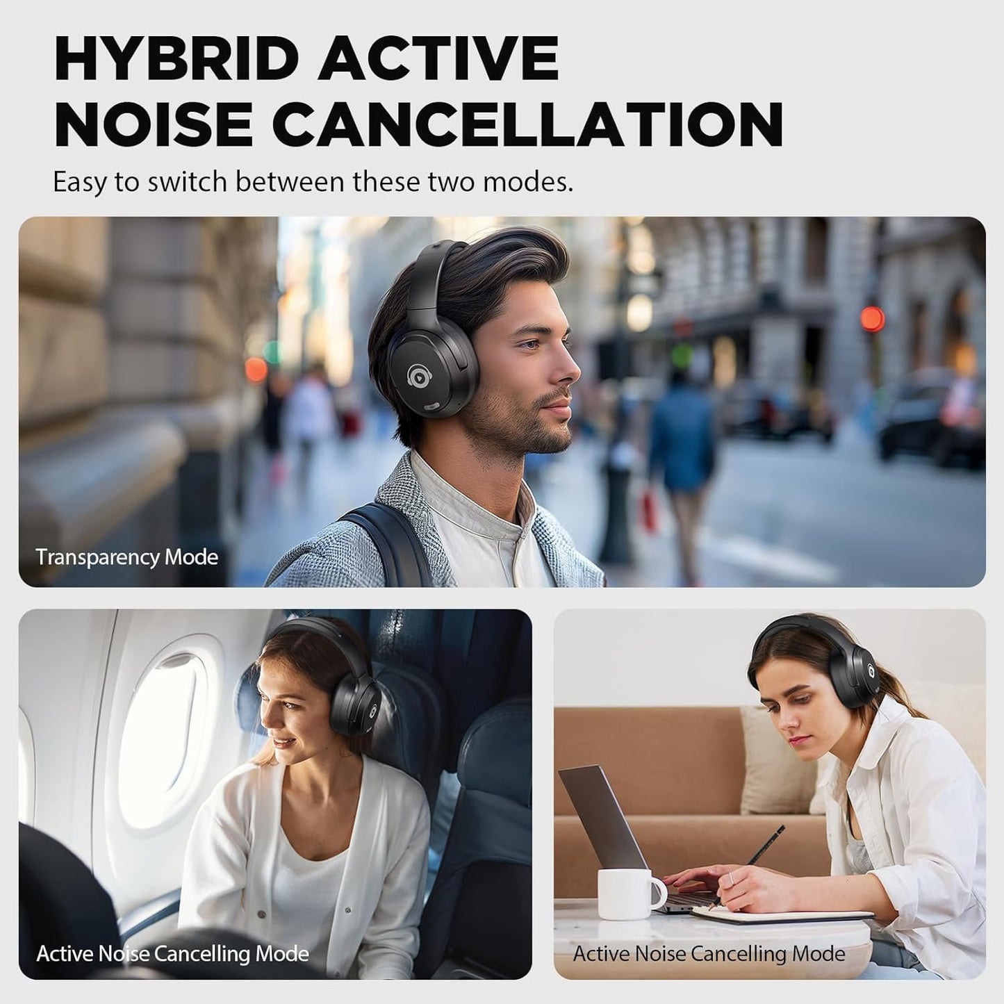 Hybrid Active Noise Cancelling Headphones, Bluetooth Headphones Wireless Over Ear with Transparency Mode, Deep Bass, Comfort Fit Ear Cups, 40 Hrs Playtime for Travel Home Office (Black)