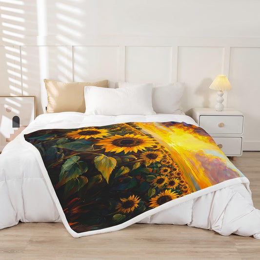 Feelyou Sunflowers Blanket Sunflowers Oil Painting Fleece Throw Blanket for Kids Adult Boys Girls Sunset Plush Blanket Wild Flower Fuzzy Blanket for Sofa Bed Couch,Queen 90x90 Inches