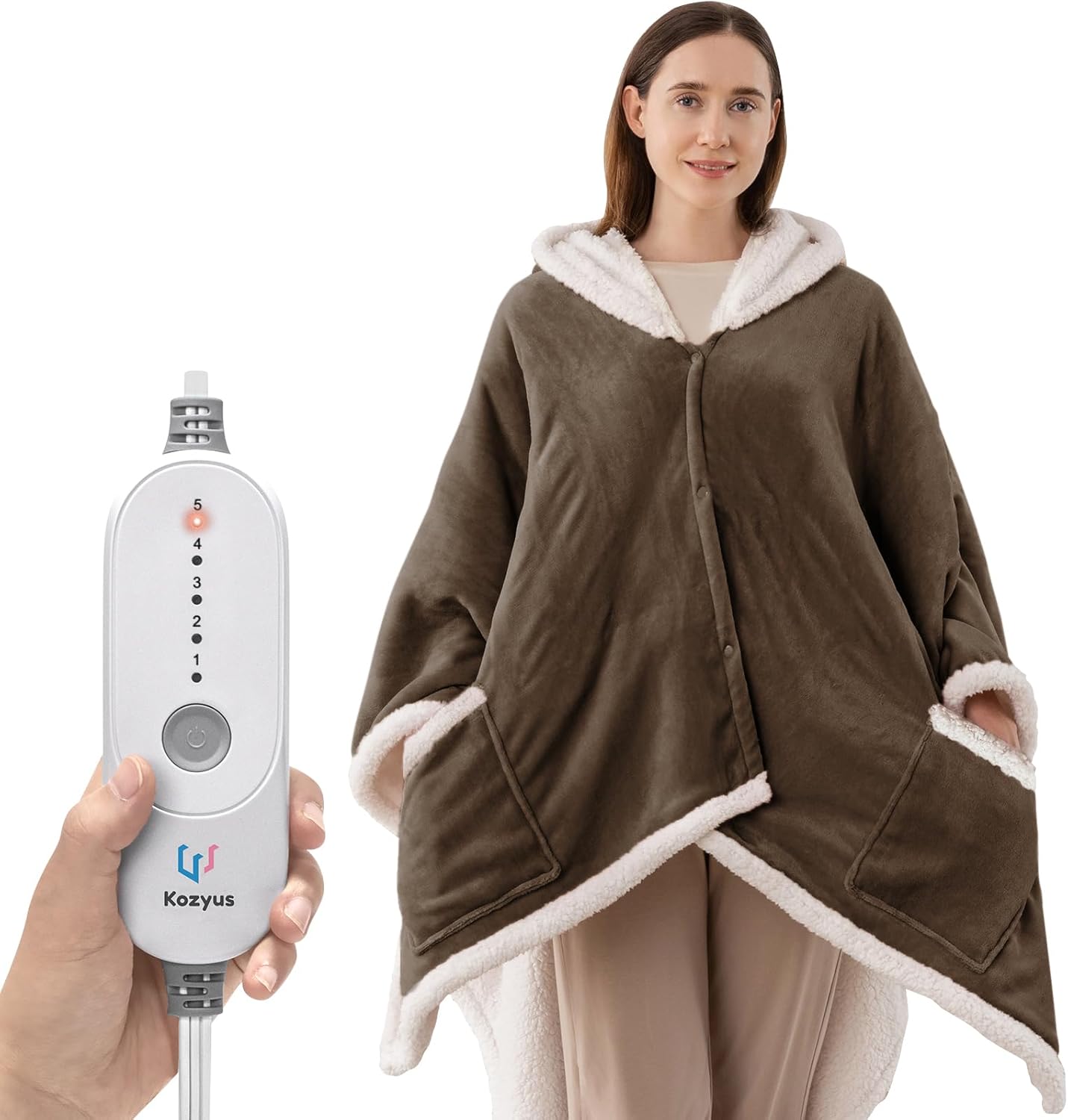 Wearable Heated Throw Blanket, Heated Shawl Electric Wrap Poncho with Hood & Pockets for Women & Men, 5 Heat Settings, 3H Auto-Off, Machine Washable, ETL Certified, Gift-Ready, 56x63, Brown