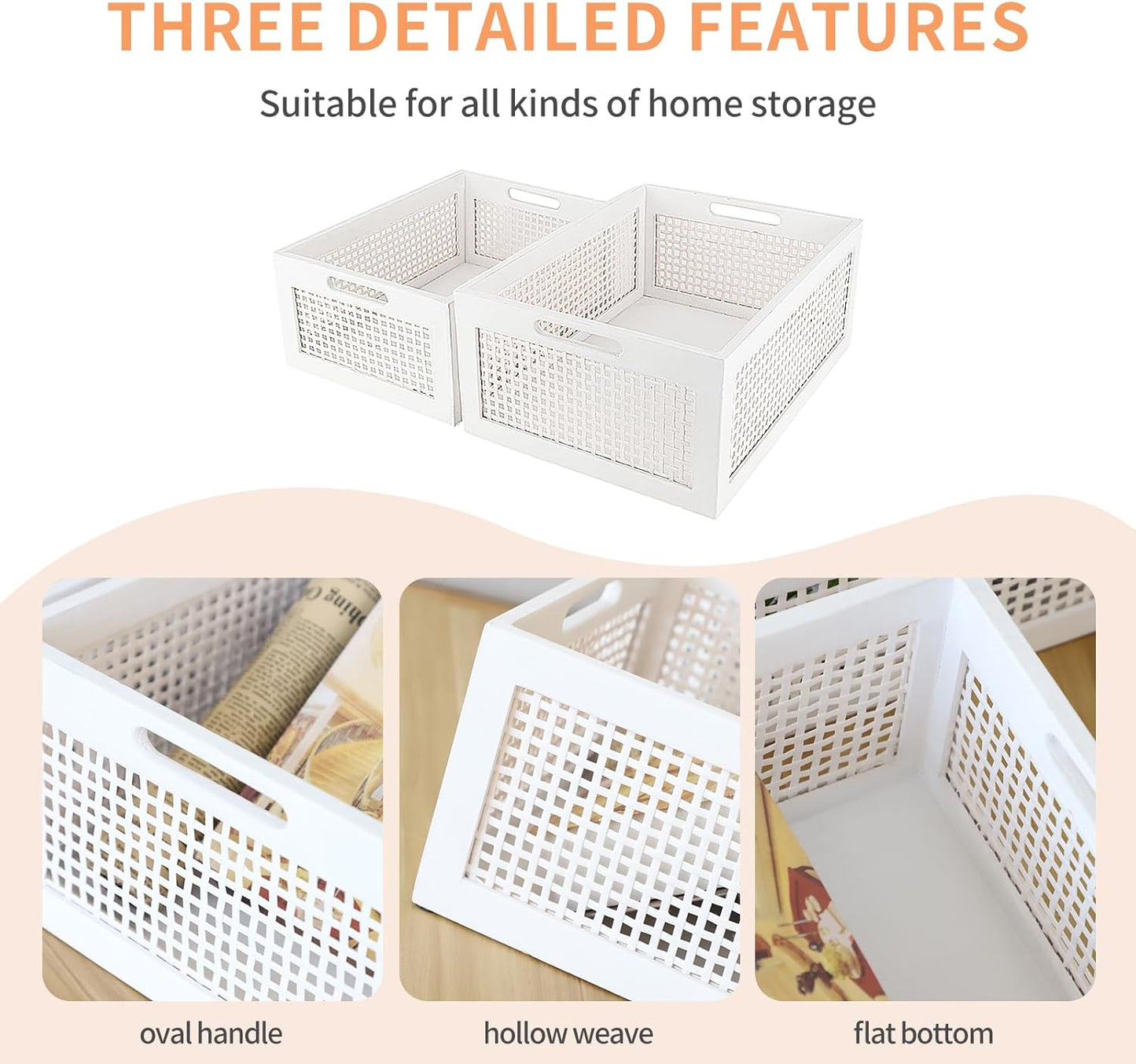 Wood Storage Baskets, Rattan Storage Baskets, Desk Office Drawer Storage Box. (White-Set2)
