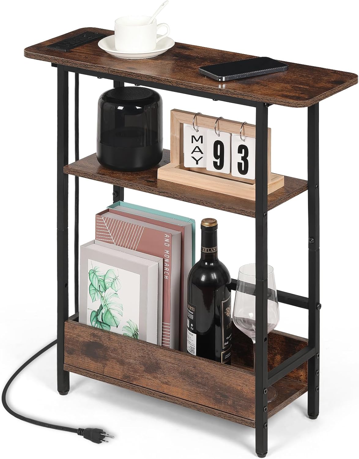 Narrow Side Table with USB-C Charging Station, 3-Tier Slim End Table with Magazine Holder, Modern Thin Side Table for Couch or Small Spaces, Skinny Nightstand for Living Room or Bedroom
