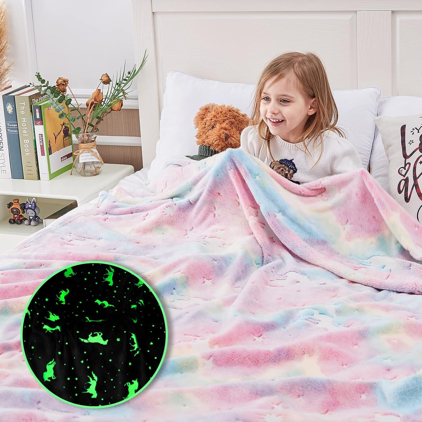 Glow in The Dark Throw Blankets Color Unicorn Stars Fairy Blanket Luminous Soft Plush Light Grey Fleece Blanket for Girls Boys Kids Birthday Christmas Adult Gifts Large 50" X 60" (Color Unicorn)