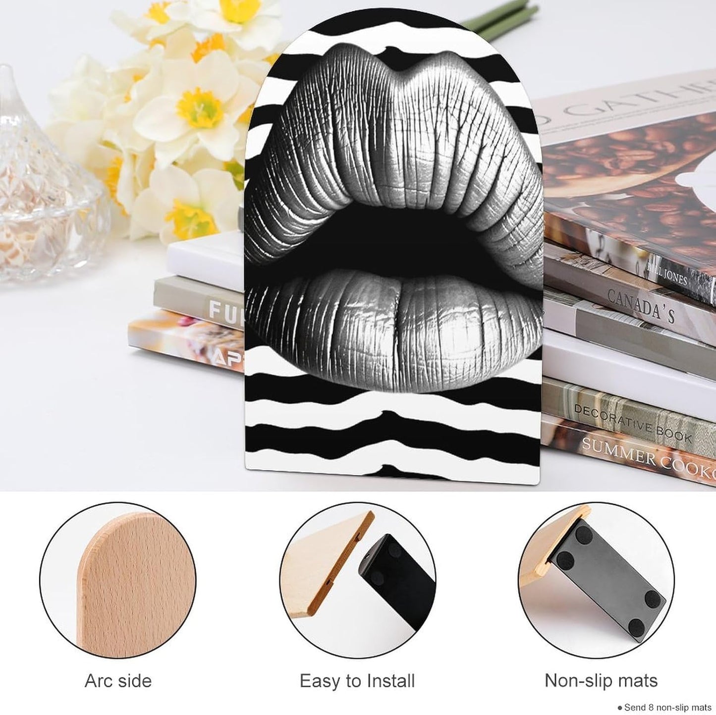 Lips Printed in Black and White Stripes Bookend for Shelves Wooden Book End Large Size Sturdy Book Holders Stoppers with Metal Base for Bookshelves Slick Decorative Bookends Stands