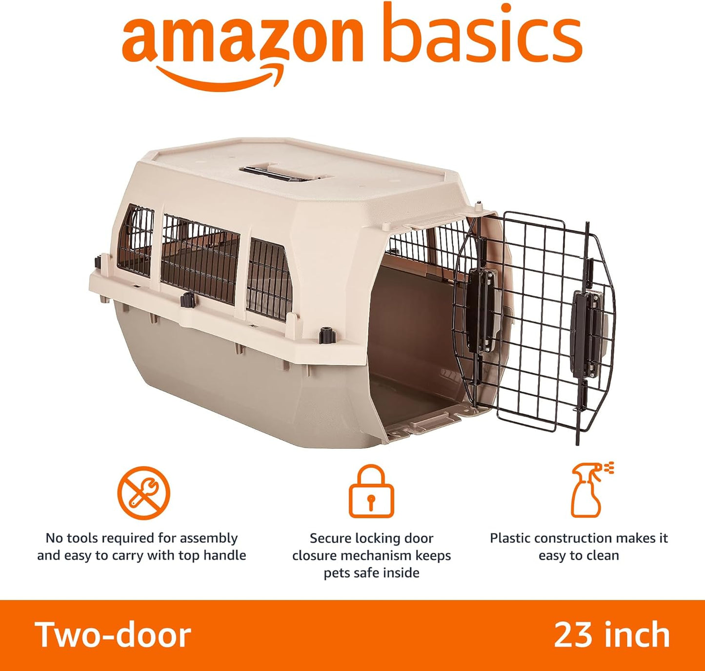 Amazon Basics Hard-Sided Dog and Cat Kennel, Single-Door Travel Pet Carrier with Metal Wire Ventilation, 23.6"L x 15.7"W x 13"H, Beige
