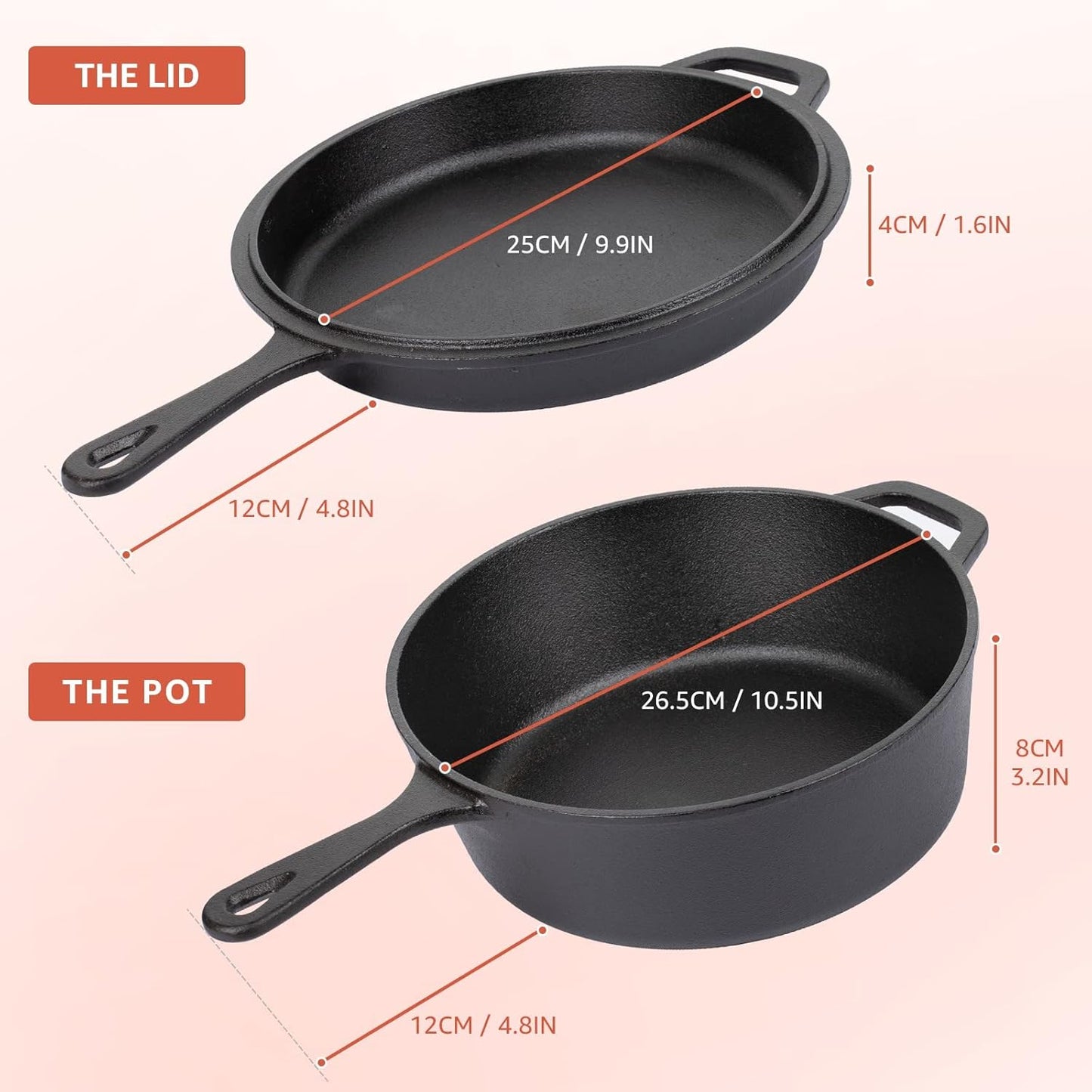 Overmont Cast Iron Skillet with Lid - 2-in-1 Cast Iron Dutch Oven - 3.2QT Deep Pot with Frying Pan - Pre-seasoned Cookware Multi Cooker Skillet - Dutch Oven Pot with Recipe for Grill Induction Stovetop Camping(10.5")
