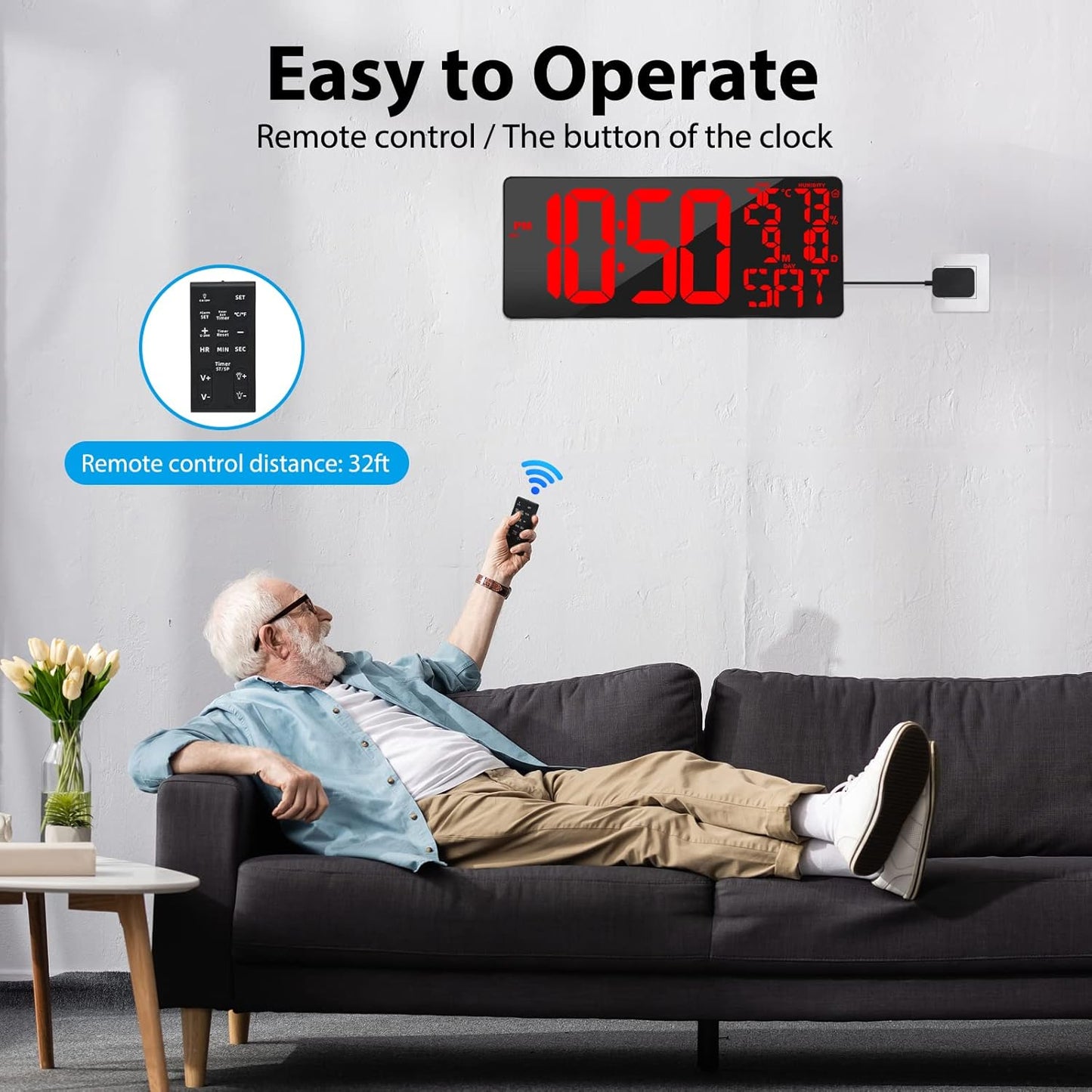 [2024 New] 18" Digital Wall Clock Large Display/Bluetooth Sync Time, Large Wall Clock with Remote Control, Auto DST, Alarm, Temperature and Date - Easy to Read and Set Timer