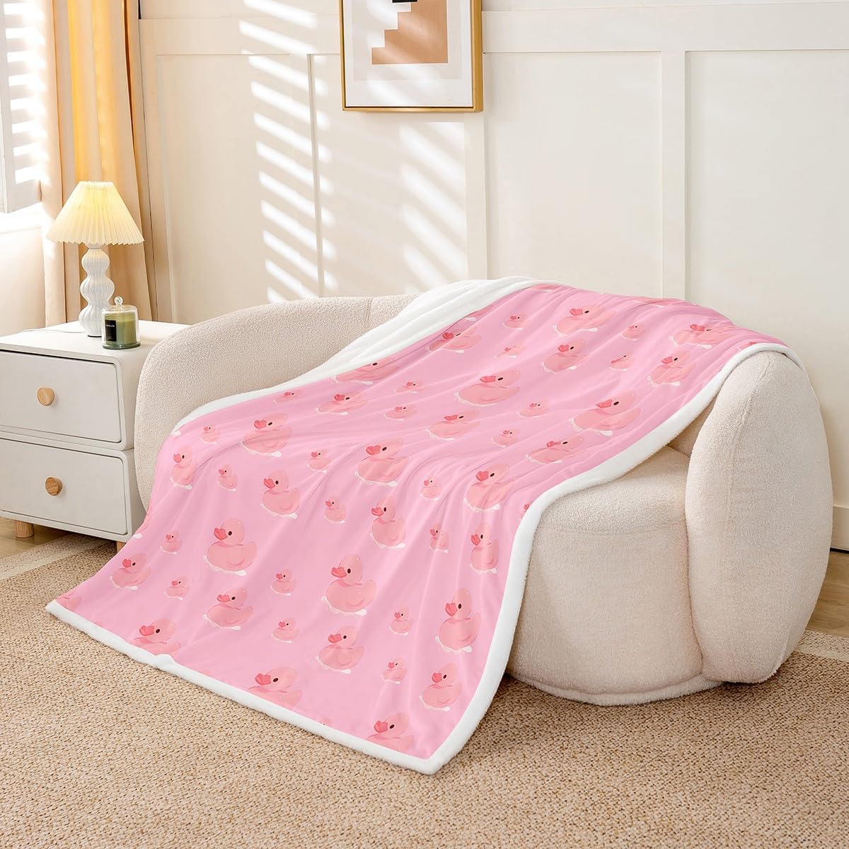 Pink Duck Throw Blanket,Farm Animals Fleece Blanket,Cartoon Duck Blankets for Kids Girls Teens Boys Room Decor,Fashion Pink Print Sherpa Blanket,for Chair/Sofa,40"×50"