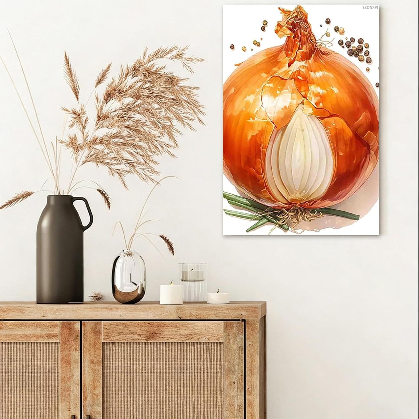EZDNKPI Onion Watercolor Print Vegetable Art, Botanical Prints Poster Wall Decor, Office Canvas Art for Home Bedroom Living Room Wall Decor Easy to Hang 8x12 Canvas Print with Frame