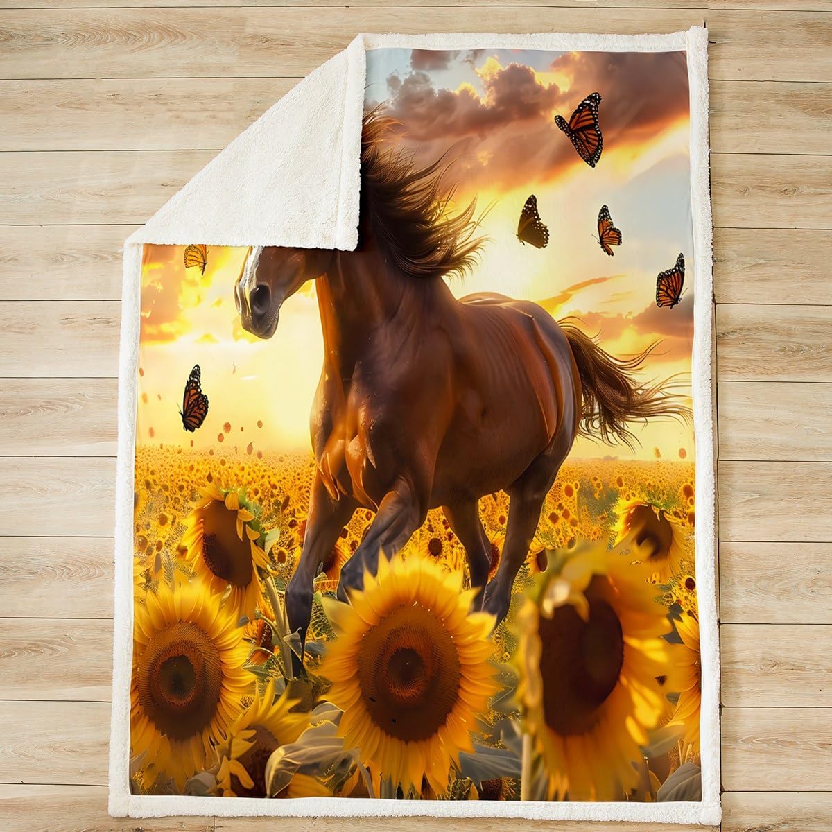 Feelyou Kids Boys Girls Horse Sherpa Blanket Galloping Horse Fleece Throw Blanket Sunflower Horse Plush Blanket for Cute Animal Decor Fuzzy Cozy Soft Blanket Twin 60"x80"