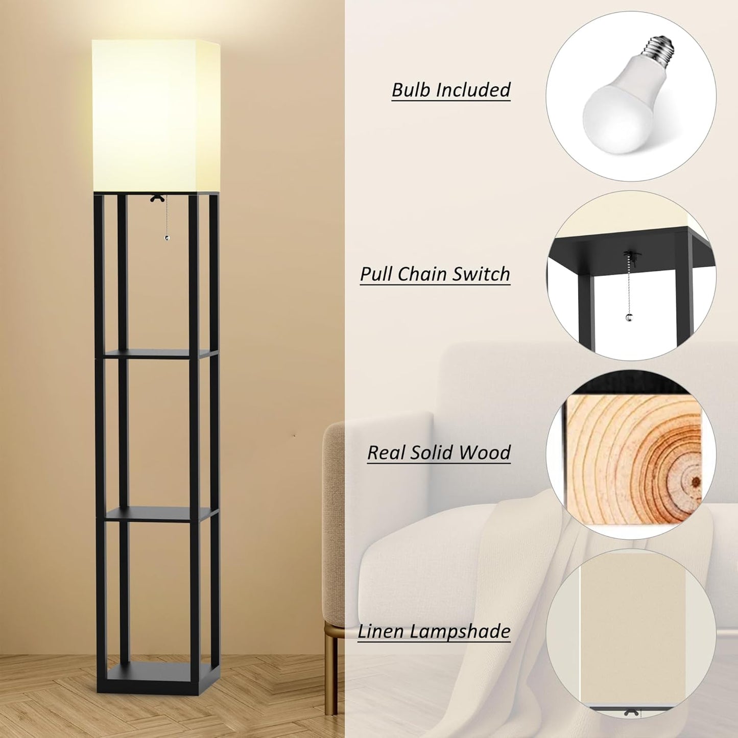 Floor Lamp with Solid Wood Shelves for Living Room, 3-Tier Shelf Standing Lamp with LED Bulb and Pull Chain Switch, Corner Display Bookshelf Lamp for Living Room and Bedroom(Black)